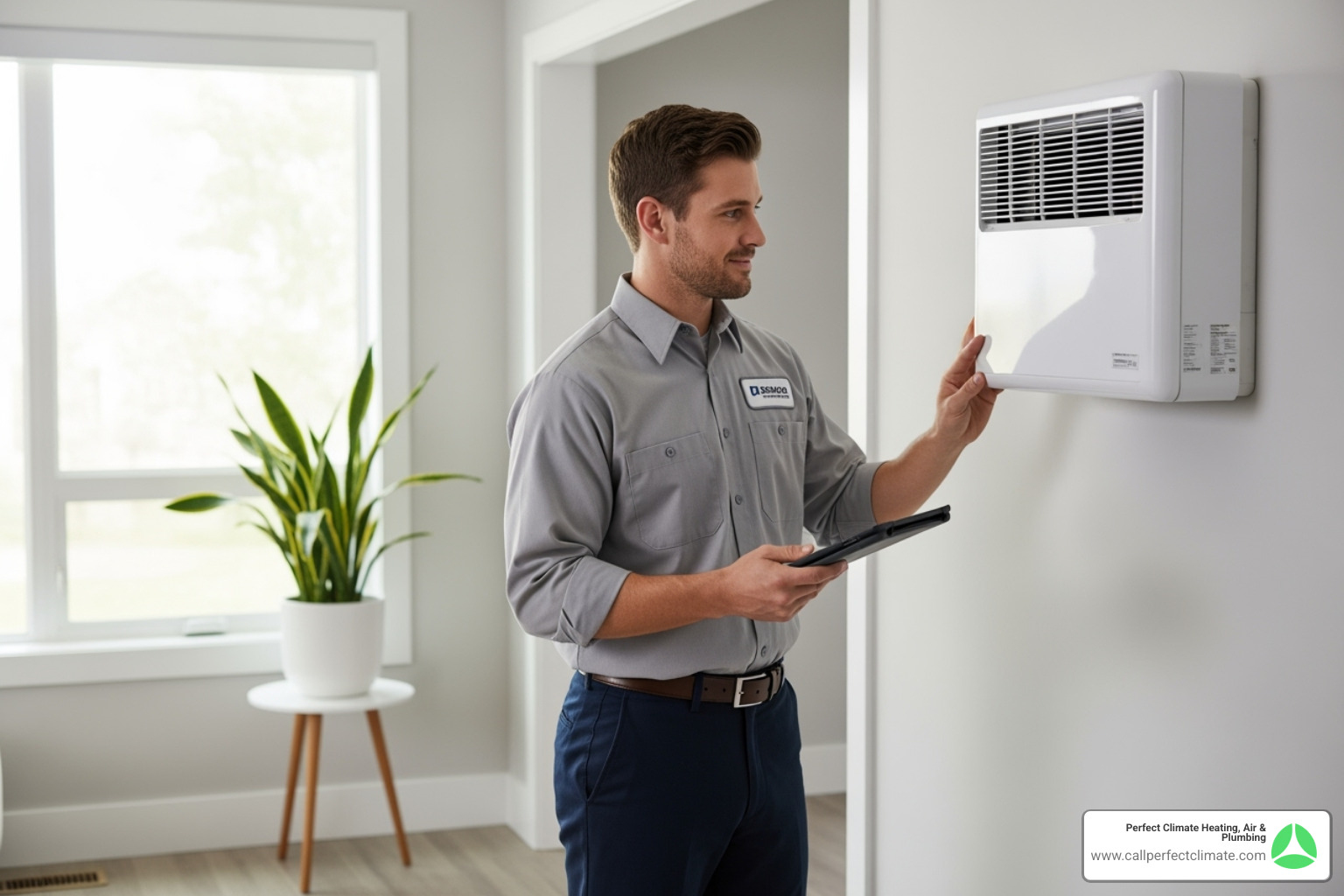 a friendly, professional HVAC technician inspecting a ductless unit - best ductless hvac company in victoria national in