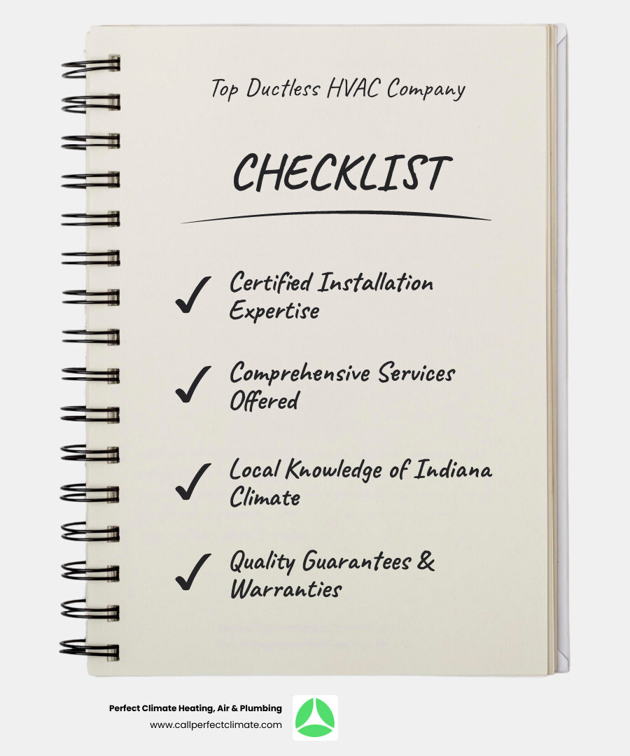 Infographic showing the key advantages of choosing a professional ductless HVAC company: certified technicians with proper training, comprehensive service offerings including installation and maintenance, local Indiana climate expertise, quality workmanship guarantees, and transparent customer communication - best ductless hvac company in victoria national in infographic checklist-notebook