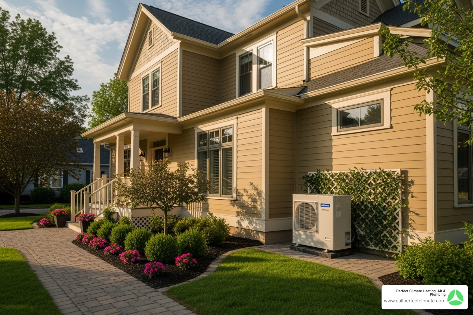 a beautiful older or remodeled home in Indiana with a discreetly placed outdoor ductless unit - best ductless hvac company in victoria national in