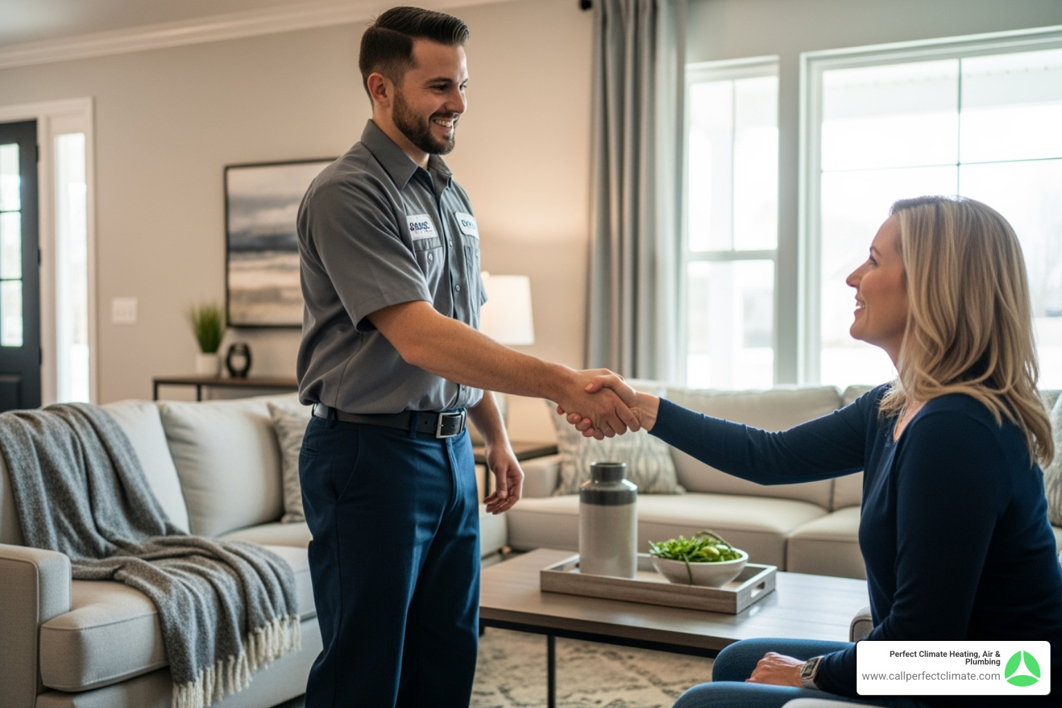 A friendly HVAC technician shaking a homeowner's hand in a well-lit home - heating replacement in evansville in
