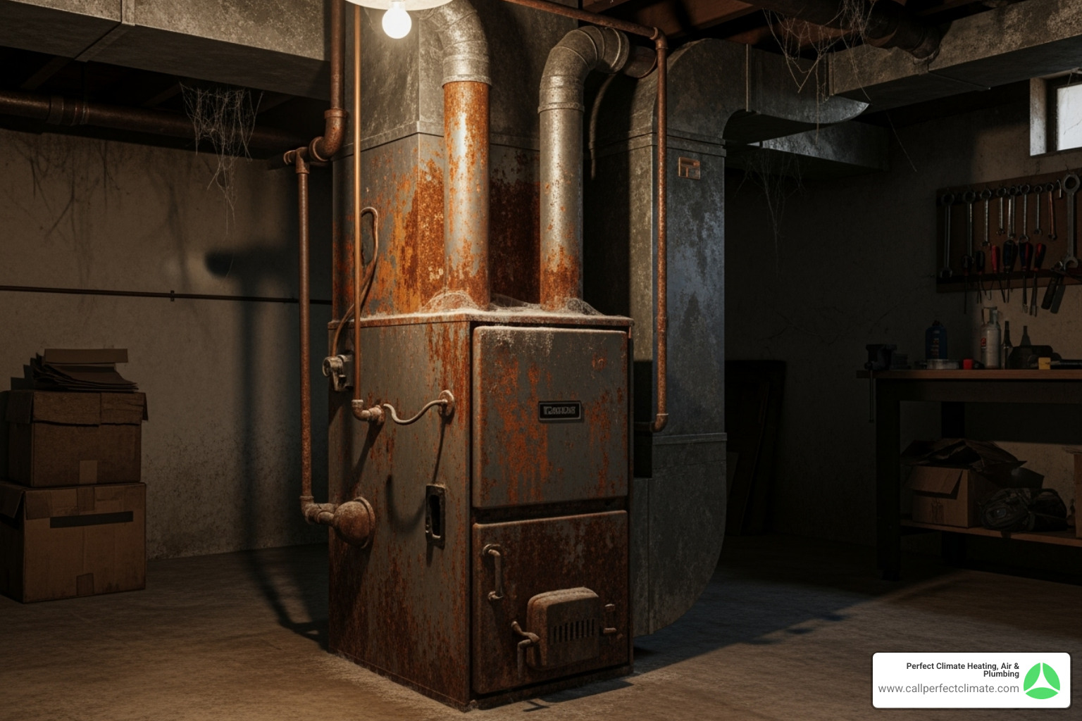 An old, rusty furnace in a dimly lit basement - heating replacement in evansville in