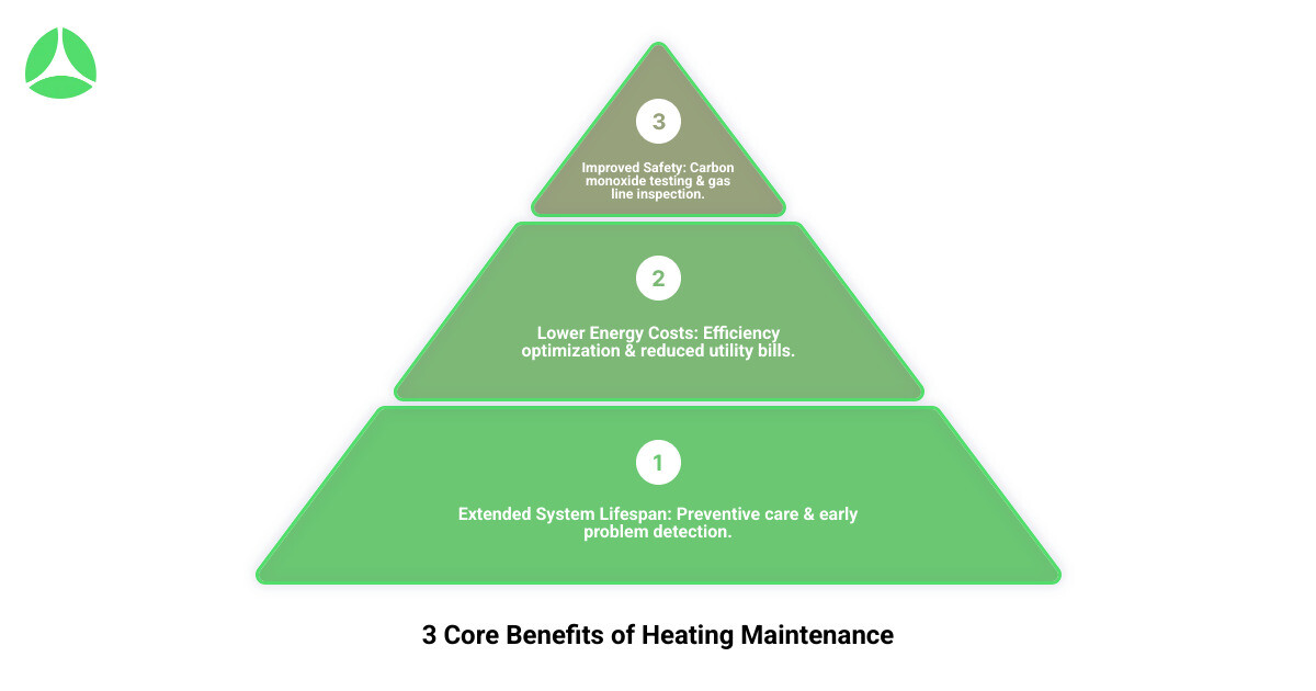 Infographic showing the three main benefits of heating maintenance: improved safety through carbon monoxide testing and gas line inspection, lower energy costs through efficiency optimization and reduced utility bills, and extended system lifespan through preventive care and early problem detection - heating maintenance in fort branch in infographic 3_stage_pyramid