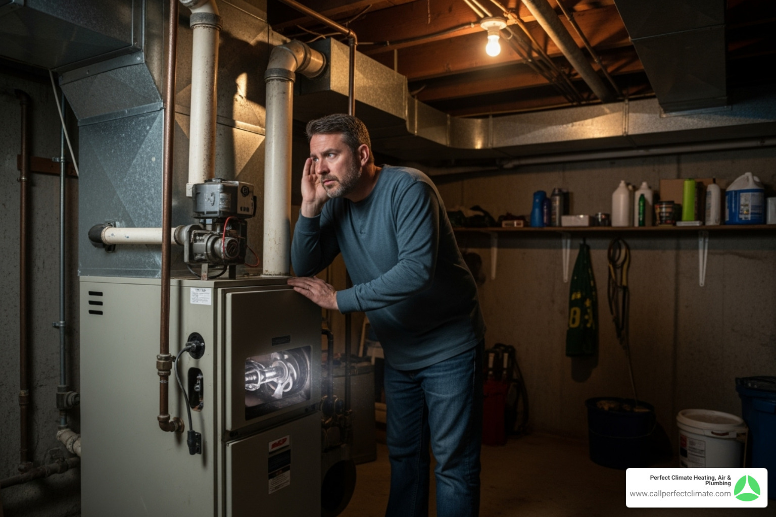 homeowner listening to a noisy furnace - heating maintenance service in boonville in homeowner listening to a noisy furnace - heating maintenance service in boonville in