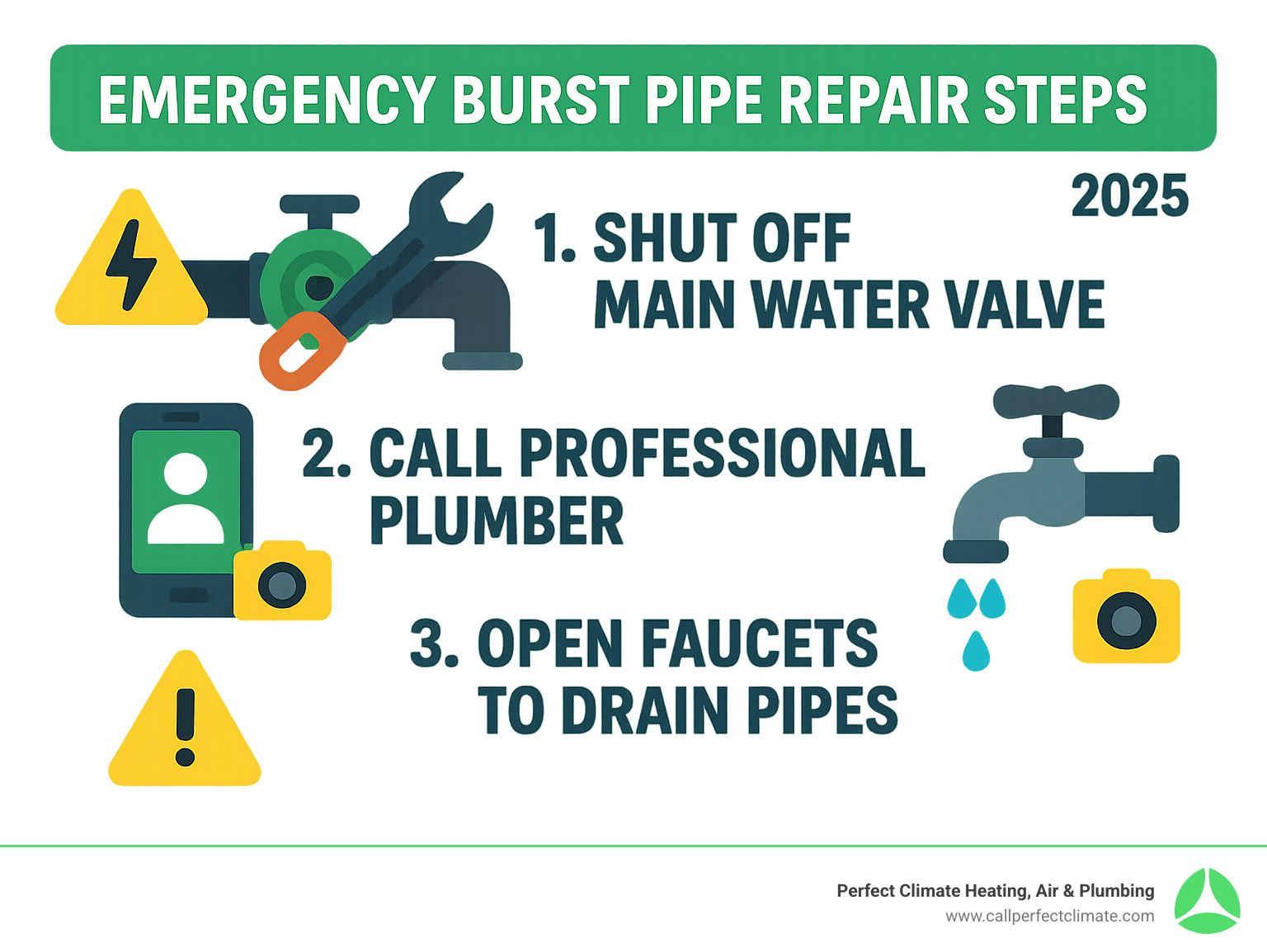 Emergency burst pipe repair steps infographic showing three main actions: 1. Shut off main water valve with wrench icon, 2. Call professional plumber with phone icon, 3. Open faucets to drain pipes with faucet icon, including warning symbols for electrical safety and documentation camera - burst pipe repair infographic 