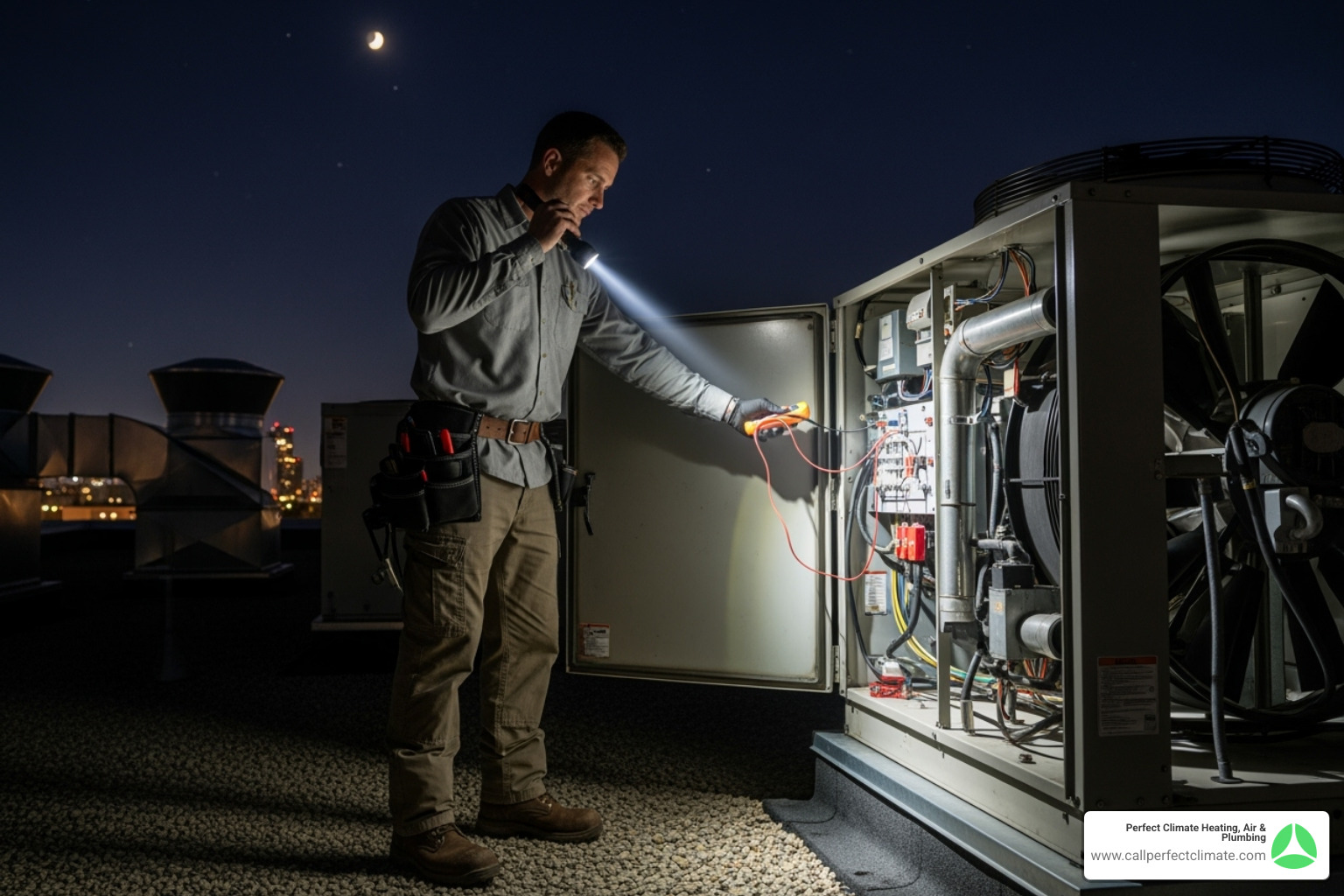 A technician inspecting a commercial HVAC unit on a rooftop at night with a flashlight - 24 hour commercial hvac service in evansville in A technician inspecting a commercial HVAC unit on a rooftop at night with a flashlight - 24 hour commercial hvac service in evansville in