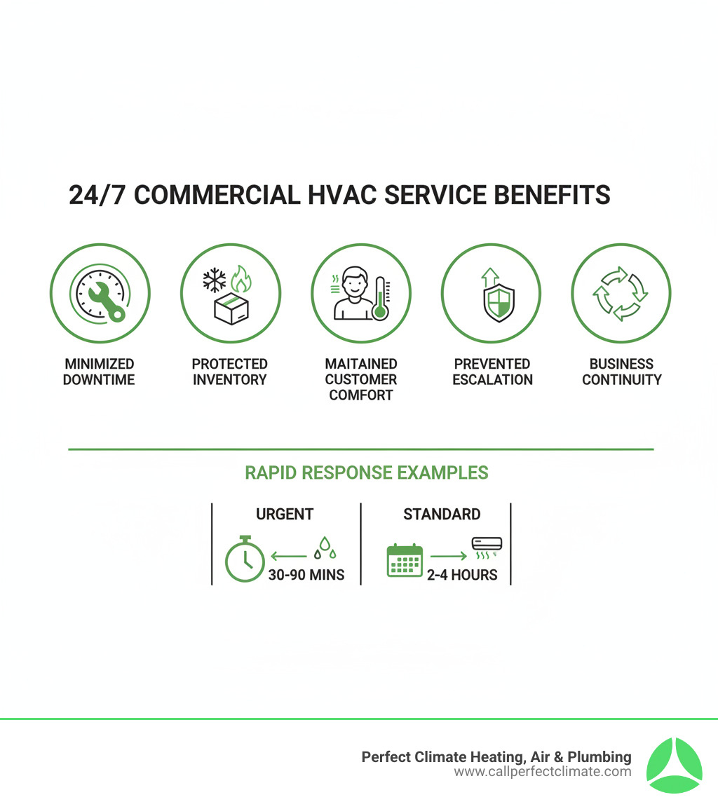 infographic showing benefits of 24/7 commercial HVAC service including minimized downtime, protected inventory, maintained customer comfort, prevented escalation of issues, and ensured business continuity with response time examples - 24 hour commercial hvac service in evansville in infographic infographic showing benefits of 24/7 commercial HVAC service including minimized downtime, protected inventory, maintained customer comfort, prevented escalation of issues, and ensured business continuity with response time examples - 24 hour commercial hvac service in evansville in infographic