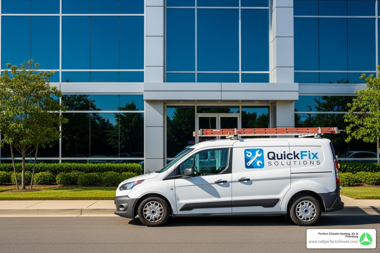 A branded service van arriving at a commercial building during the day - 24 hour commercial hvac service in evansville in A branded service van arriving at a commercial building during the day - 24 hour commercial hvac service in evansville in