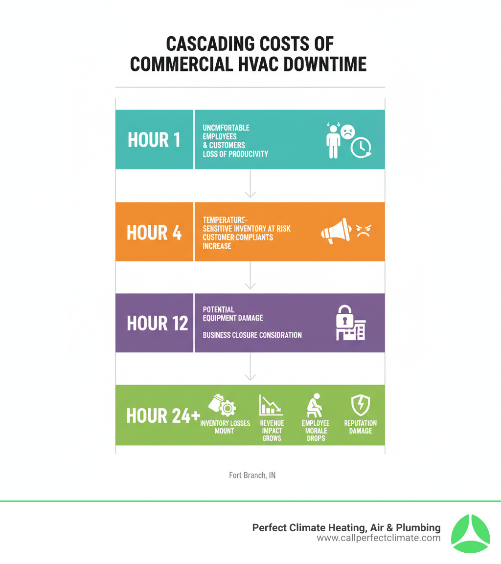 Infographic showing the cascading costs of commercial HVAC downtime: Hour 1 - uncomfortable employees and customers, loss of productivity; Hour 4 - temperature-sensitive inventory at risk, customer complaints increase; Hour 12 - potential equipment damage, business closure consideration; Hour 24+ - inventory losses mount, revenue impact grows, employee morale drops, reputation damage - 24 hour commercial hvac service in fort branch in infographic 