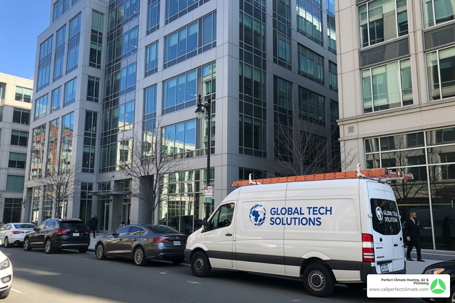 Service van with clear branding arriving at a commercial building - 24 hour commercial hvac service in fort branch in