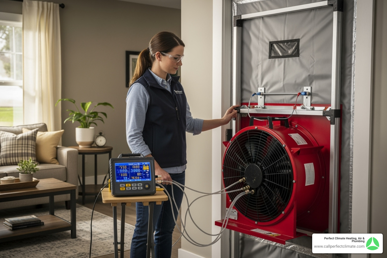 professional energy auditor using a blower door to test a home's air leakage - home energy audit