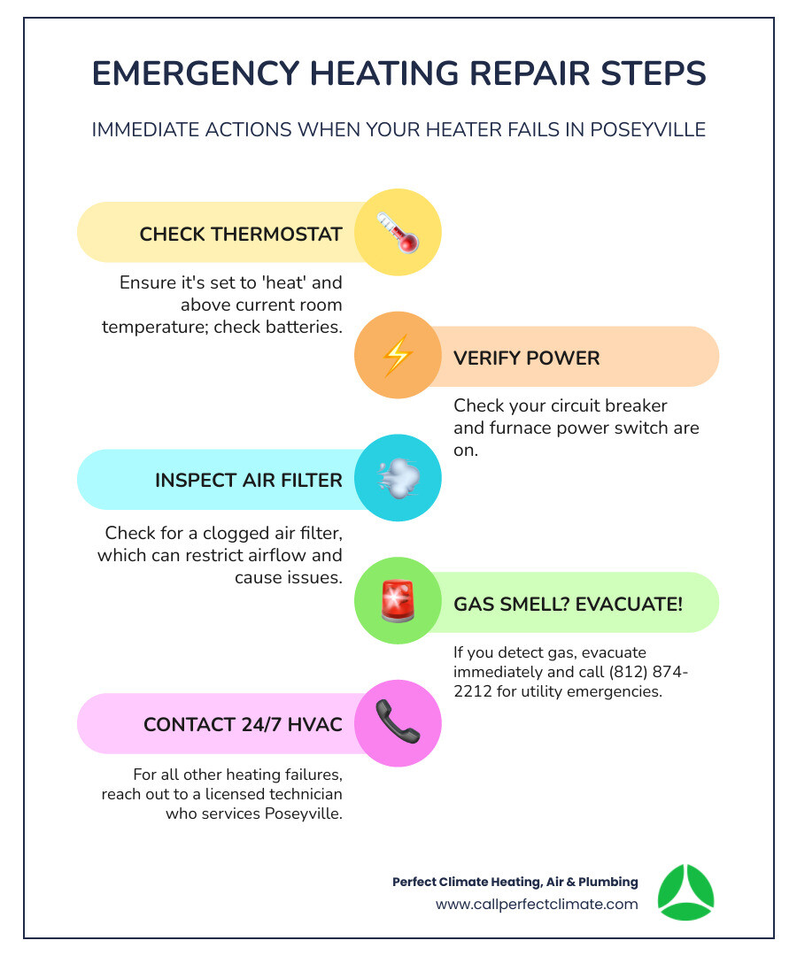 Infographic showing emergency heating repair steps: 1. Check thermostat settings and batteries, 2. Verify circuit breaker and furnace power switch are on, 3. Inspect air filter for clogs, 4. If gas smell is present, evacuate immediately and call utility emergency line, 5. Contact 24/7 HVAC technician for all other heating failures - emergency heating repair in poseyville in infographic infographic-line-5-steps-colors