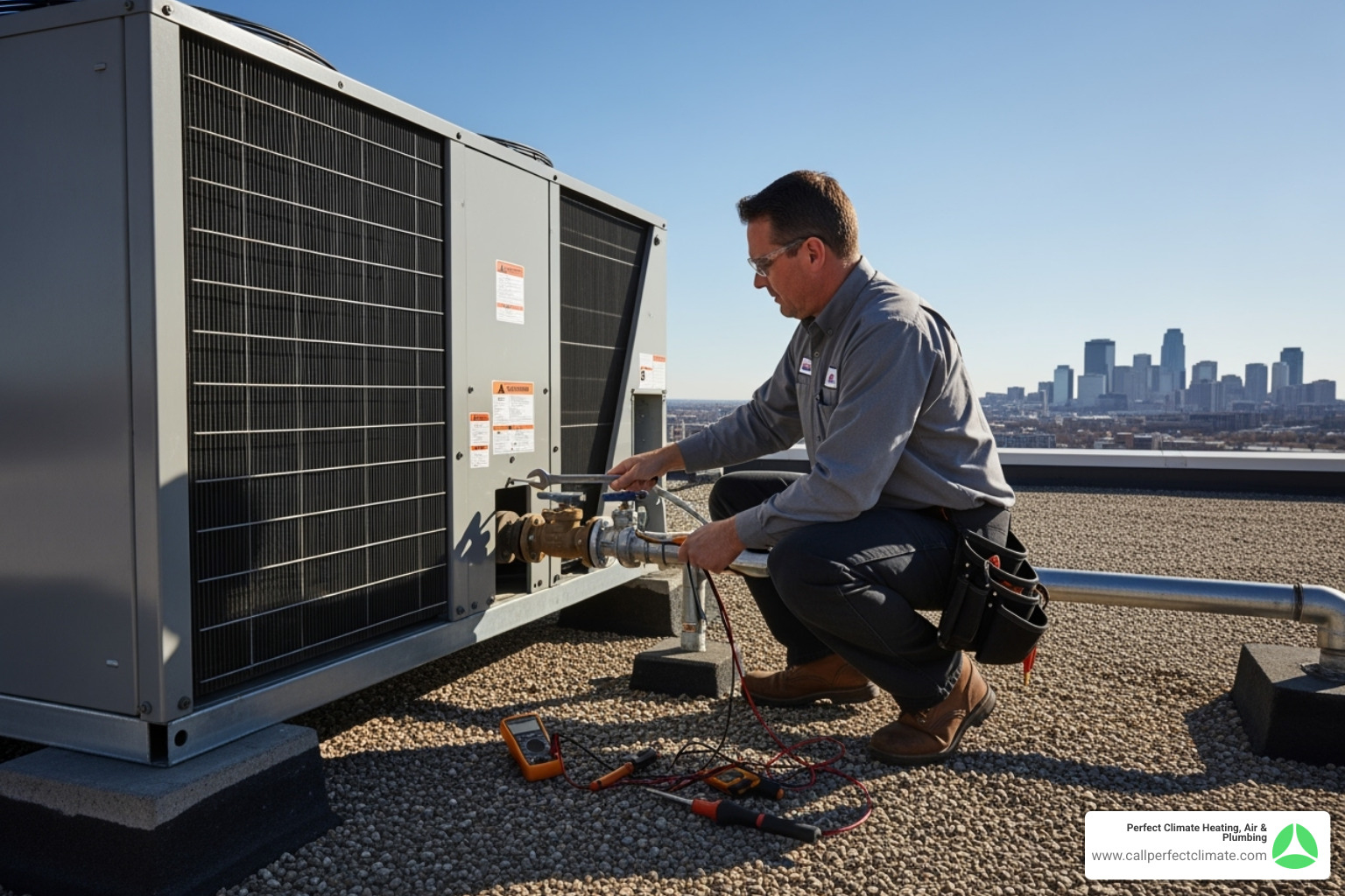 A technician servicing a commercial HVAC unit on a rooftop, checking components and making adjustments. - commercial hvac maintenance in chandler in