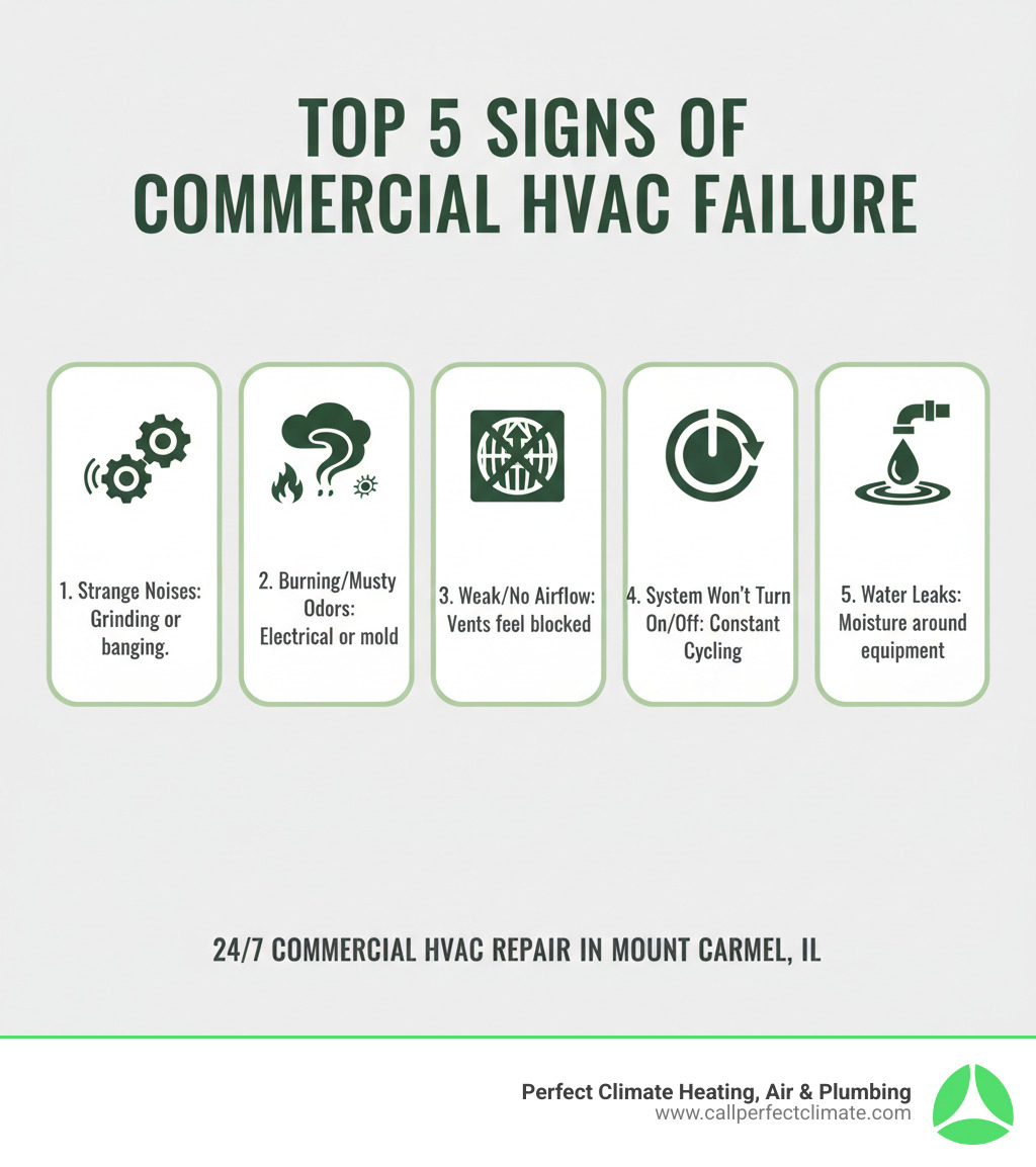 Infographic showing the top 5 signs of commercial HVAC failure: 1) Strange grinding or banging noises indicating mechanical failure, 2) Burning or musty odors suggesting electrical issues or mold, 3) Weak or no airflow from vents despite system running, 4) System won't turn on or cycles on and off repeatedly, 5) Visible water leaks or moisture around equipment - 24/7 commercial hvac repair in mount carmel il infographic Infographic showing the top 5 signs of commercial HVAC failure: 1) Strange grinding or banging noises indicating mechanical failure, 2) Burning or musty odors suggesting electrical issues or mold, 3) Weak or no airflow from vents despite system running, 4) System won't turn on or cycles on and off repeatedly, 5) Visible water leaks or moisture around equipment - 24/7 commercial hvac repair in mount carmel il infographic