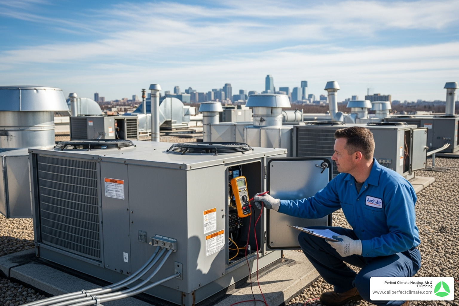 technician inspecting a commercial rooftop HVAC unit - 24/7 commercial hvac repair in mount carmel il technician inspecting a commercial rooftop HVAC unit - 24/7 commercial hvac repair in mount carmel il