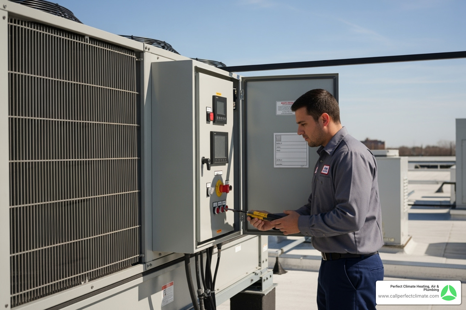 technician inspecting commercial HVAC unit control panel - 24 hour commercial hvac service in haubstadt in technician inspecting commercial HVAC unit control panel - 24 hour commercial hvac service in haubstadt in