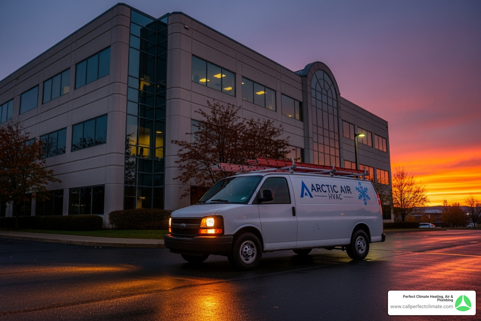 service van arriving at commercial property at dusk - 24 hour commercial hvac service in haubstadt in service van arriving at commercial property at dusk - 24 hour commercial hvac service in haubstadt in