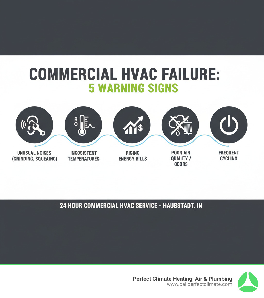 infographic showing five warning signs of commercial hvac failure: unusual noises like grinding or squealing, inconsistent temperatures across zones, rising energy bills without increased usage, poor air quality or strange odors, and system cycling on and off frequently - 24 hour commercial hvac service in haubstadt in infographic infographic showing five warning signs of commercial hvac failure: unusual noises like grinding or squealing, inconsistent temperatures across zones, rising energy bills without increased usage, poor air quality or strange odors, and system cycling on and off frequently - 24 hour commercial hvac service in haubstadt in infographic