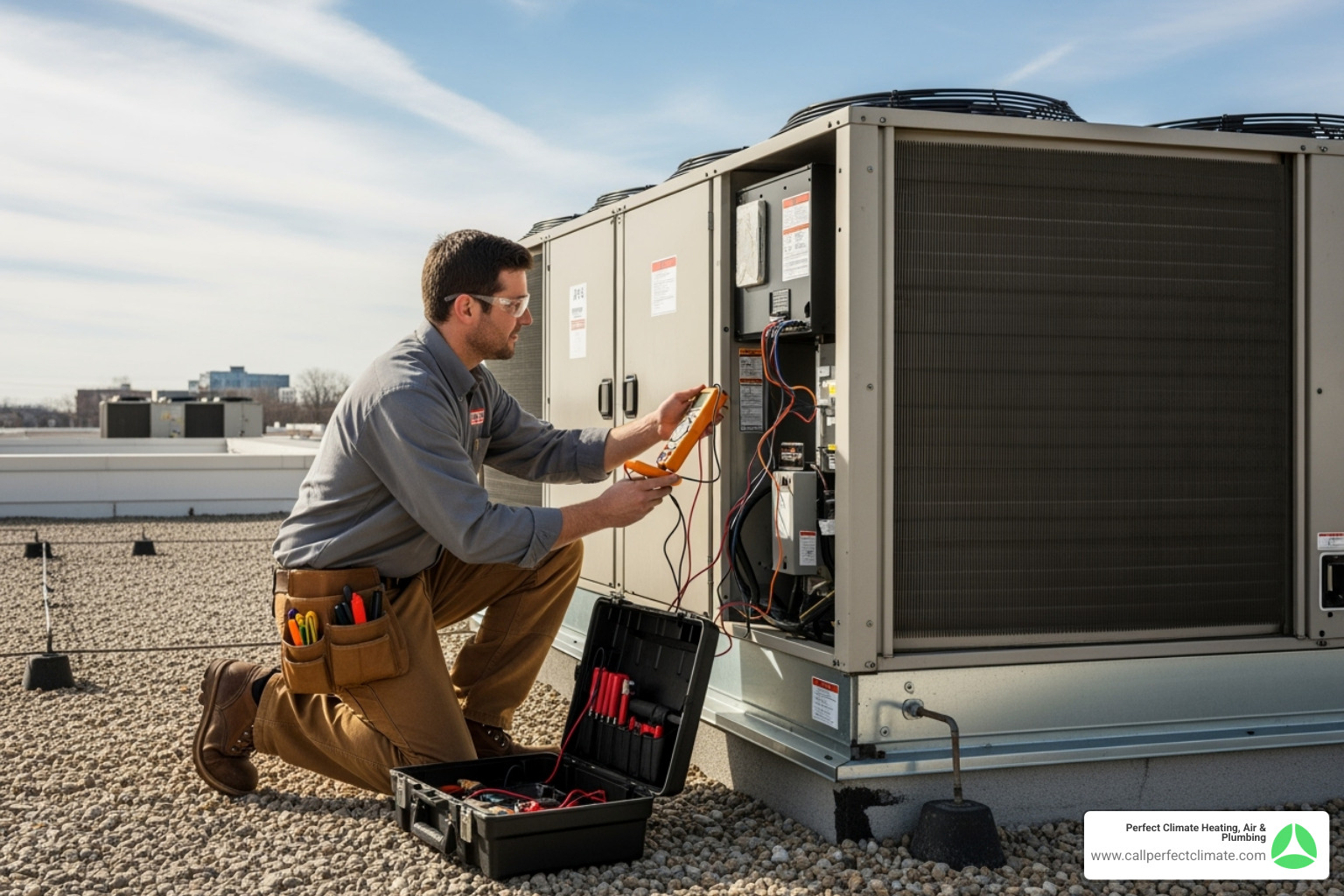 technician performing routine maintenance on a commercial rooftop unit - 24 hour commercial hvac service in haubstadt in technician performing routine maintenance on a commercial rooftop unit - 24 hour commercial hvac service in haubstadt in