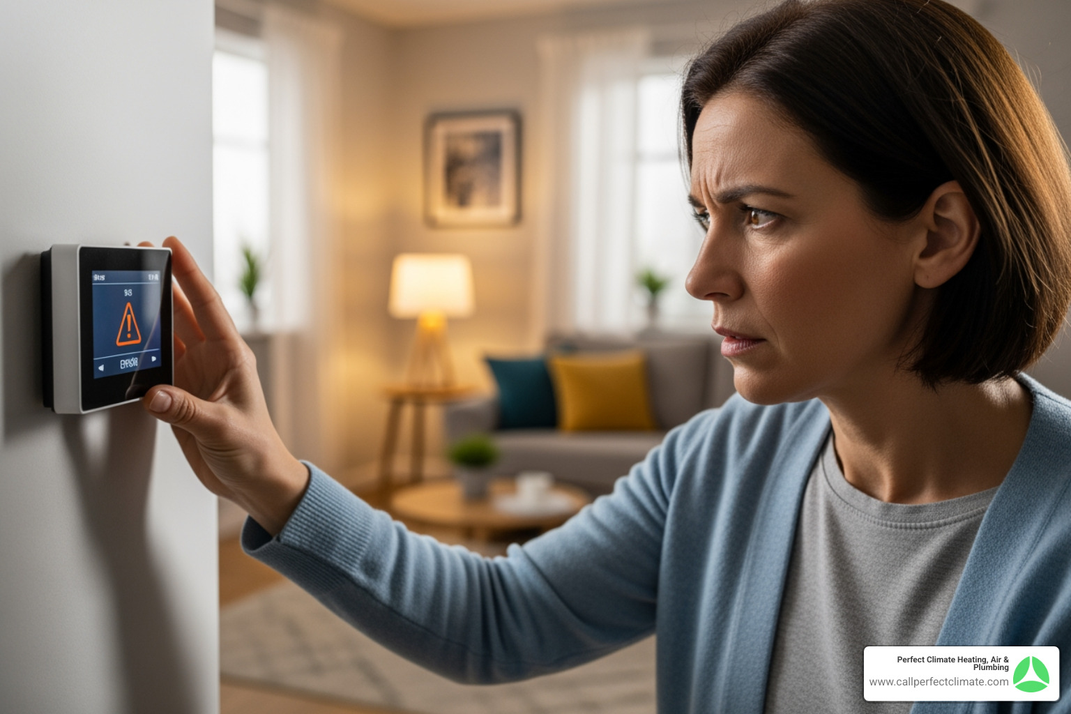 A homeowner looking concerned at their thermostat, with a visible "SERVICE REQUIRED" message, indicating a heating system problem - heating maintenance in haubstadt in A homeowner looking concerned at their thermostat, with a visible "SERVICE REQUIRED" message, indicating a heating system problem - heating maintenance in haubstadt in