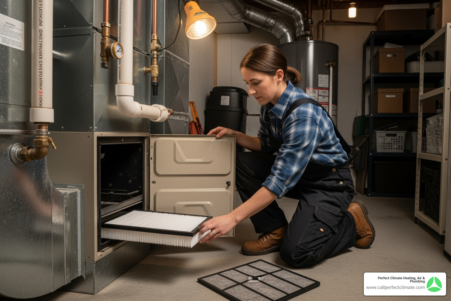 A homeowner confidently changing a furnace air filter, demonstrating a simple yet effective DIY heating maintenance task - heating maintenance in haubstadt in A homeowner confidently changing a furnace air filter, demonstrating a simple yet effective DIY heating maintenance task - heating maintenance in haubstadt in