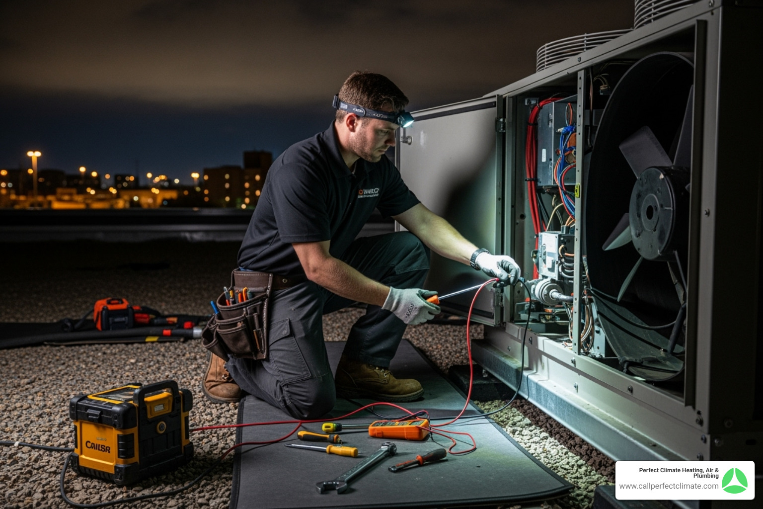 Technician working on a commercial HVAC unit at night - 24 hour commercial hvac service in owensville in