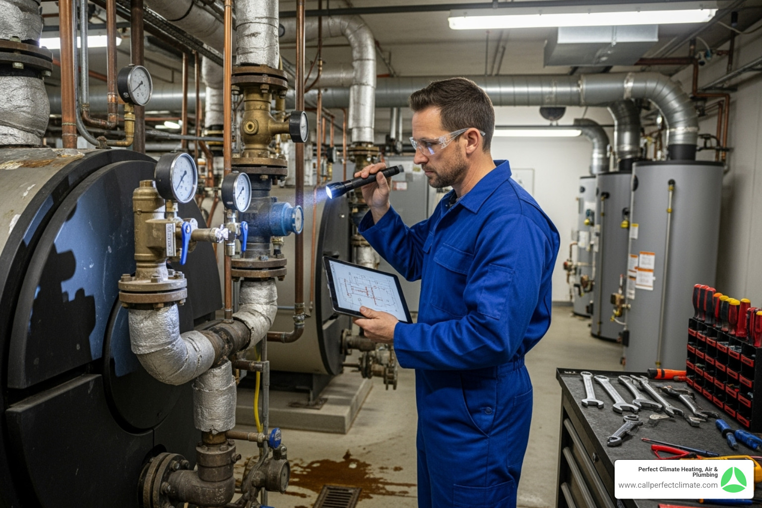 Technician inspecting a commercial boiler - 24 hour commercial hvac service in owensville in