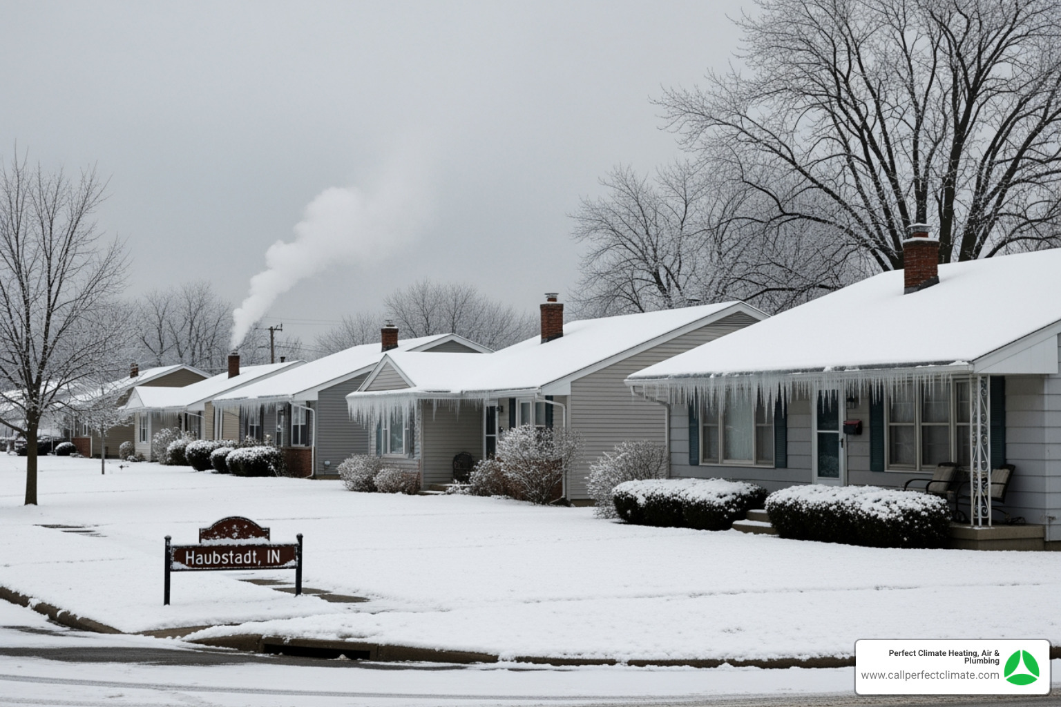 Infographic showing a home heating system with labeled components including thermostat, air filter, circuit breaker, furnace unit, pilot light, and blower motor, with arrows indicating airflow and common problem areas - heating not working in haubstadt in