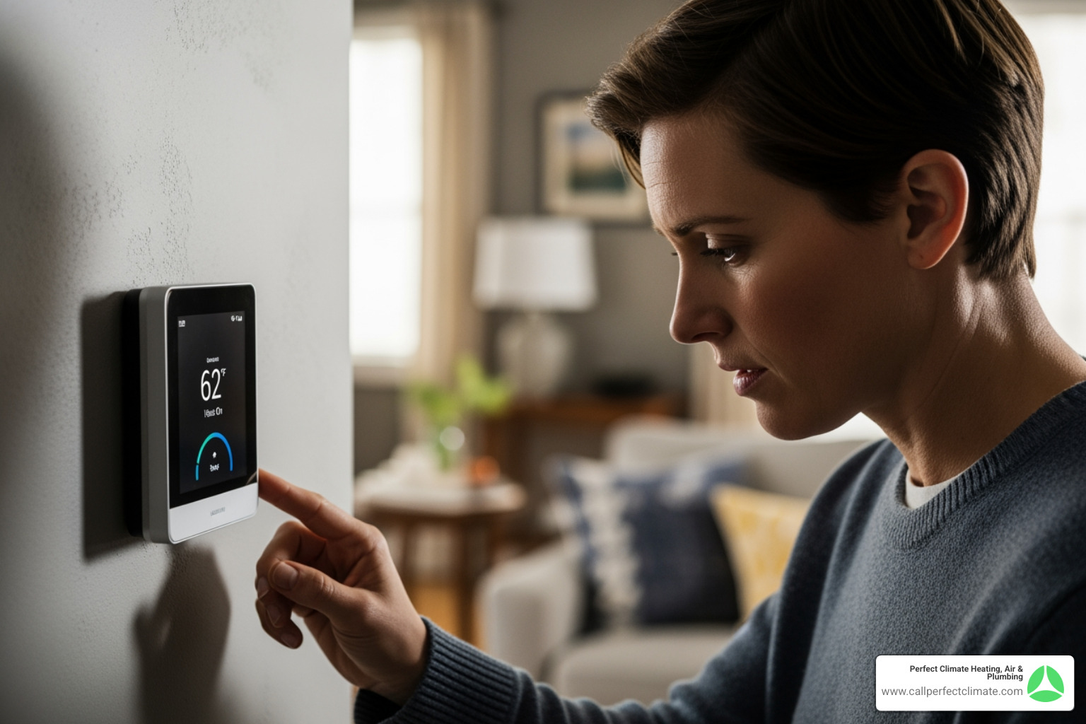 a homeowner looking concerned at their thermostat - heating maintenance in mount carmel il a homeowner looking concerned at their thermostat - heating maintenance in mount carmel il