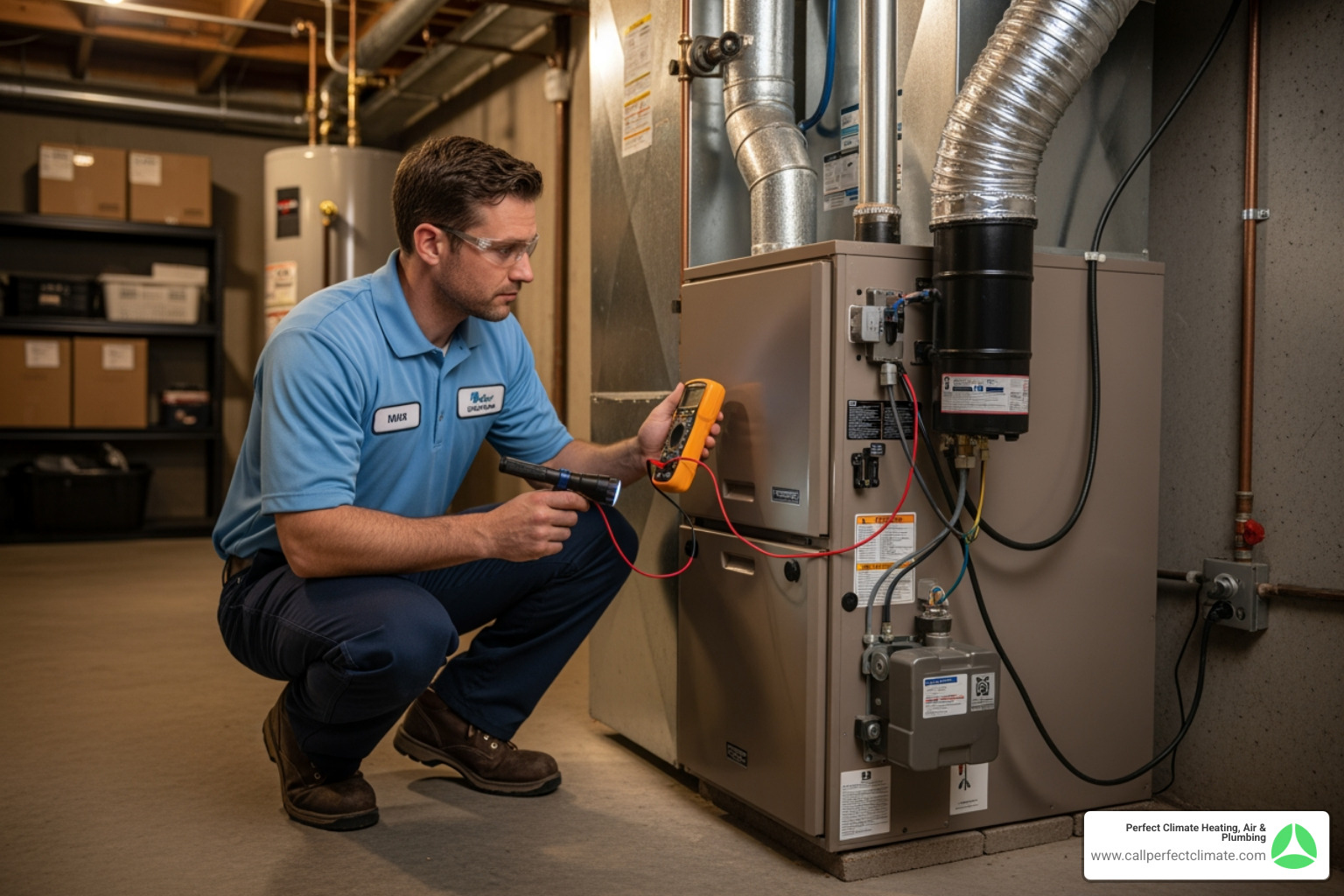 a technician inspecting a furnace - heating maintenance in mount carmel il a technician inspecting a furnace - heating maintenance in mount carmel il