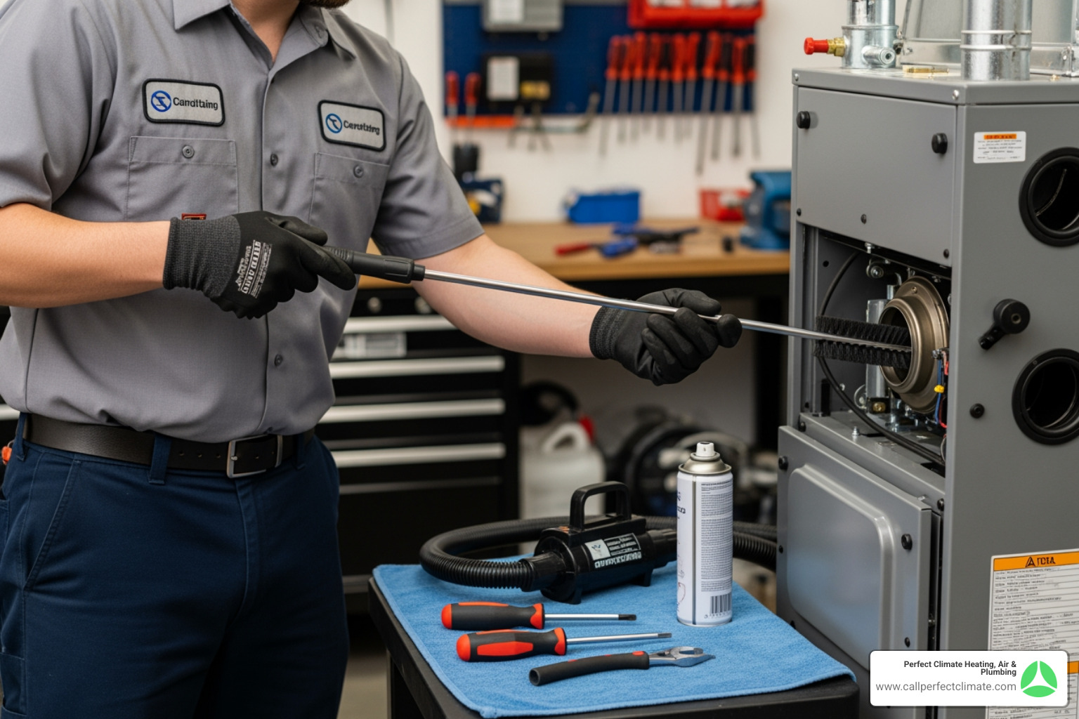 certified technician cleaning a furnace burner with professional tools - heating maintenance in poseyville in certified technician cleaning a furnace burner with professional tools - heating maintenance in poseyville in