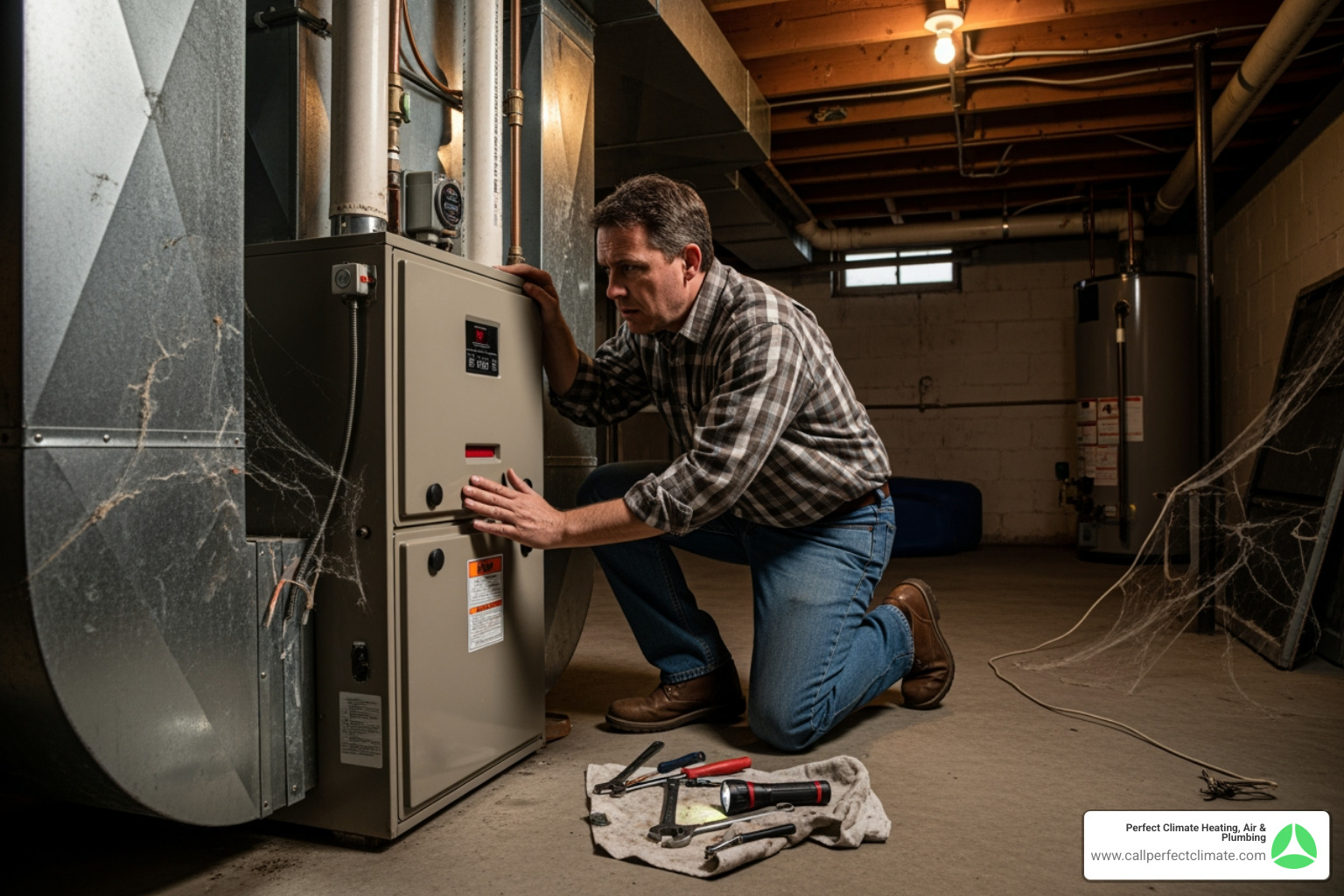 homeowner looking concerned at a noisy furnace unit - heating maintenance in poseyville in homeowner looking concerned at a noisy furnace unit - heating maintenance in poseyville in