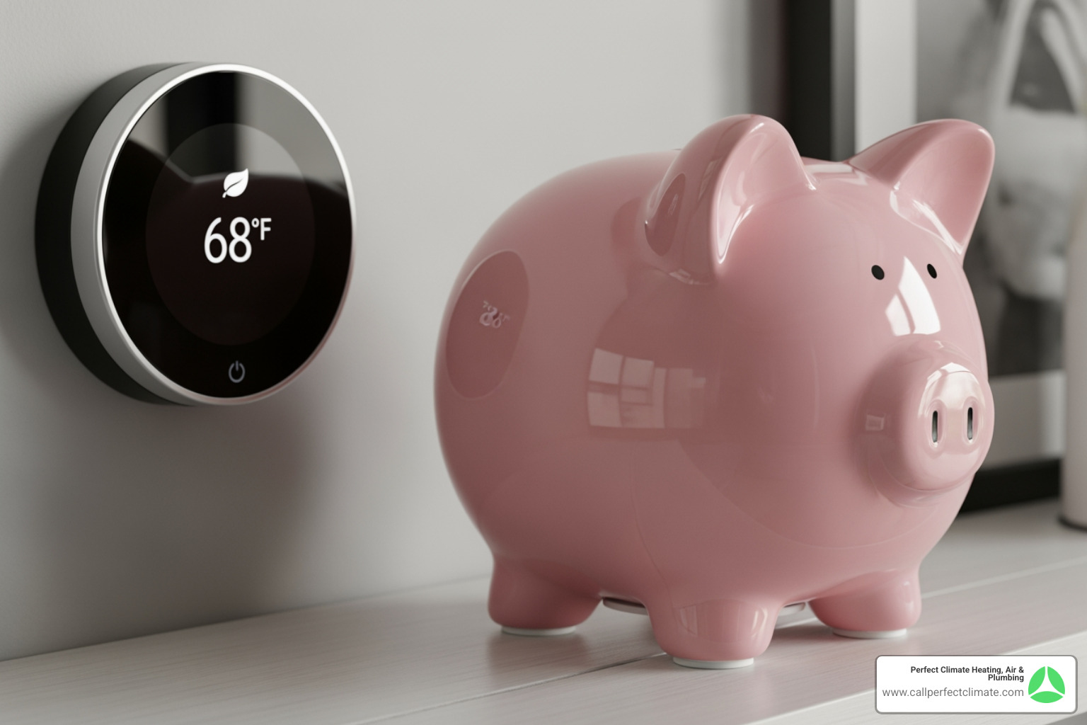 piggy bank next to a modern smart thermostat displaying an energy-saving temperature - heating maintenance in poseyville in piggy bank next to a modern smart thermostat displaying an energy-saving temperature - heating maintenance in poseyville in