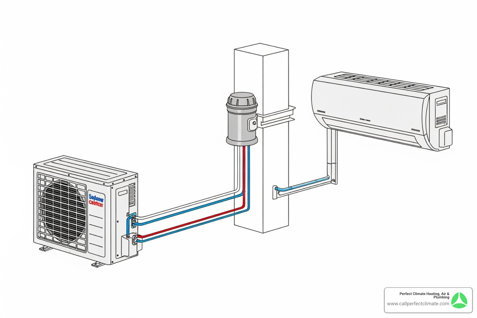 Diagram showing how a ductless mini-split system works, with the outdoor and indoor units connected by refrigerant lines - ductless hvac maintenance in chandler in