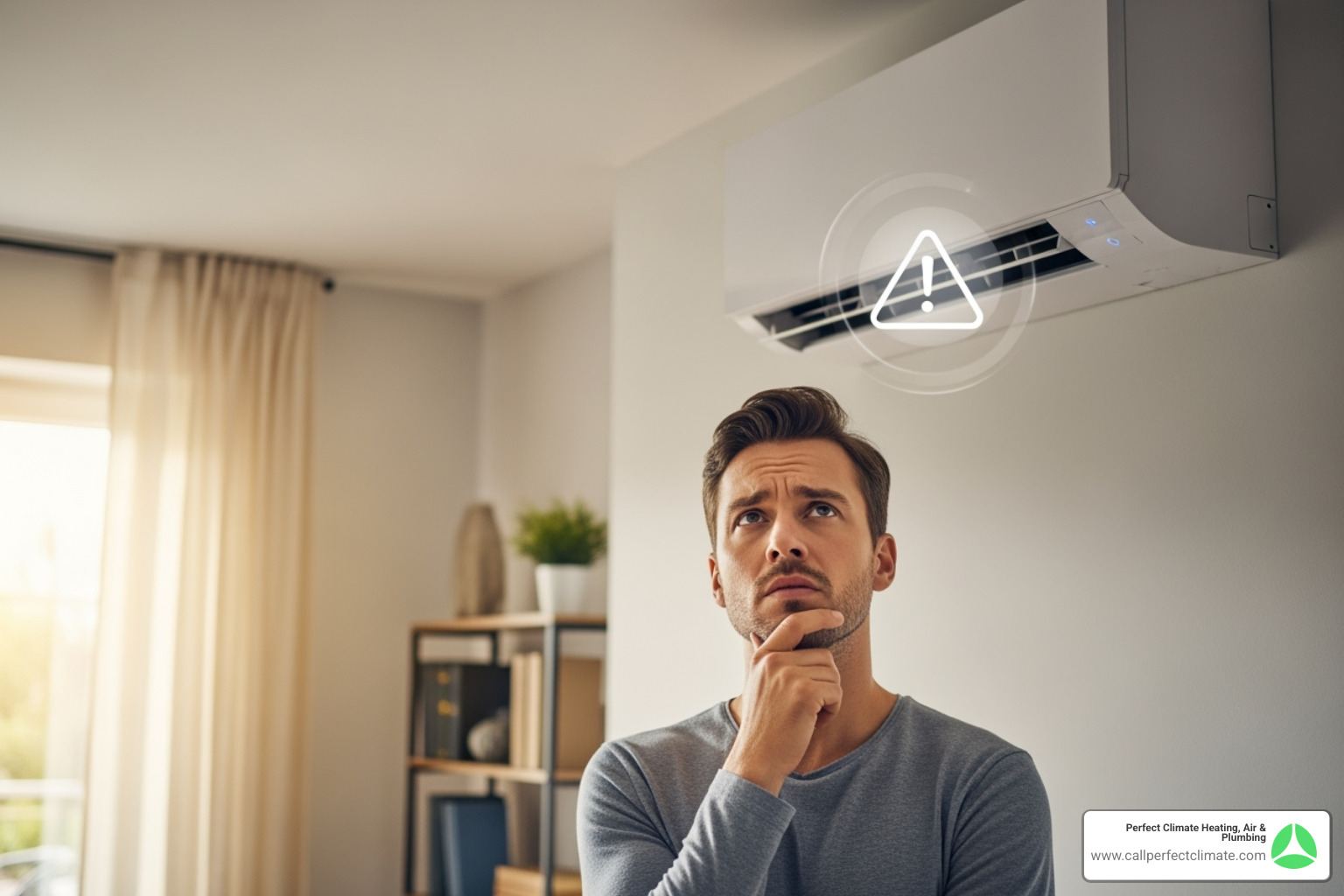Ductless unit with a warning icon or a homeowner looking at it with concern - ductless hvac maintenance in chandler in