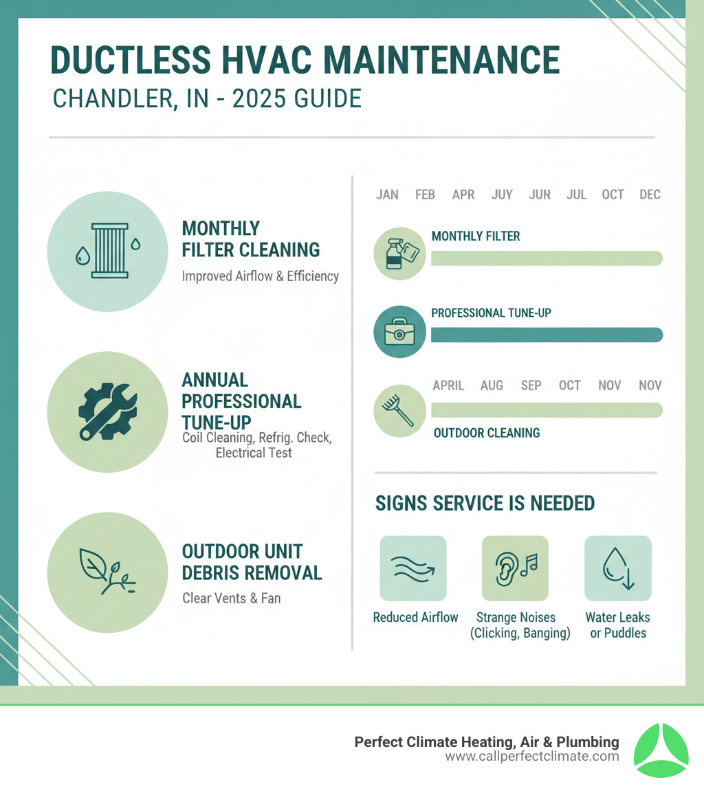 Infographic showing the key maintenance tasks for ductless HVAC systems including monthly filter cleaning, annual professional tune-ups, outdoor unit debris removal, and signs that indicate service is needed, with a timeline showing recommended maintenance schedule throughout the year - ductless hvac maintenance in chandler in infographic 