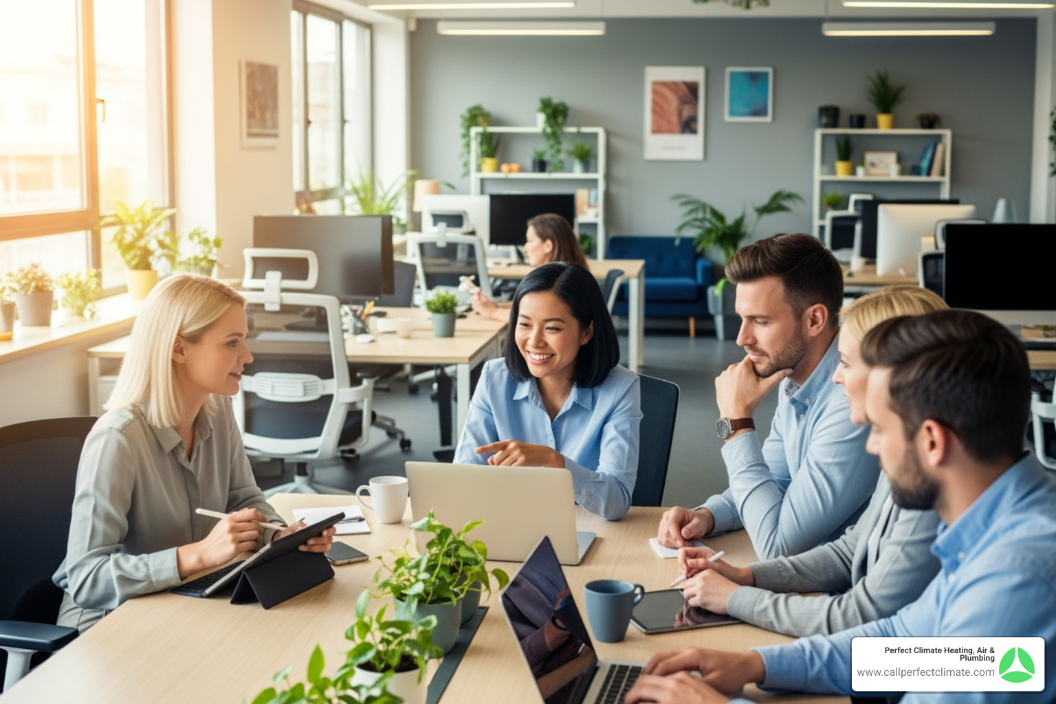 Happy, productive employees in a modern, comfortable office space, well-lit and with good air quality - commercial hvac service in poseyville in Happy, productive employees in a modern, comfortable office space, well-lit and with good air quality - commercial hvac service in poseyville in