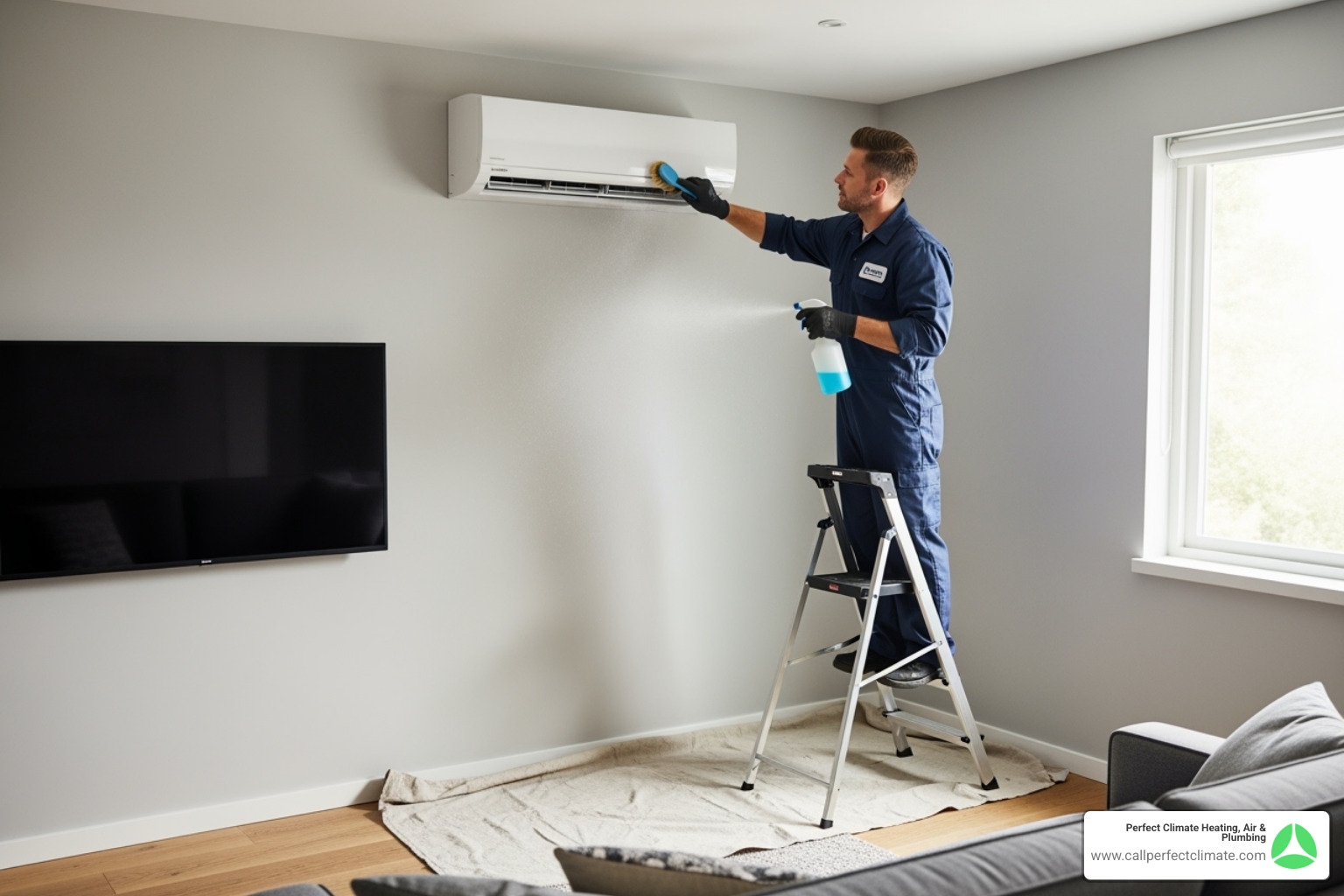 HVAC technician cleaning indoor unit - ductless hvac maintenance in mount carmel il HVAC technician cleaning indoor unit - ductless hvac maintenance in mount carmel il
