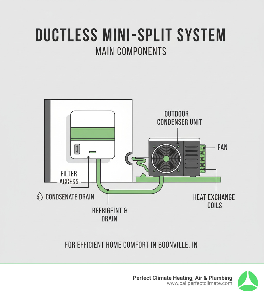 Infographic showing the three main components of a ductless mini-split system: indoor air handler mounted on wall with filter access panel, outdoor condenser unit on ground, and refrigerant conduit connecting them through a small wall opening - ductless hvac maintenance in boonville in infographic Infographic showing the three main components of a ductless mini-split system: indoor air handler mounted on wall with filter access panel, outdoor condenser unit on ground, and refrigerant conduit connecting them through a small wall opening - ductless hvac maintenance in boonville in infographic
