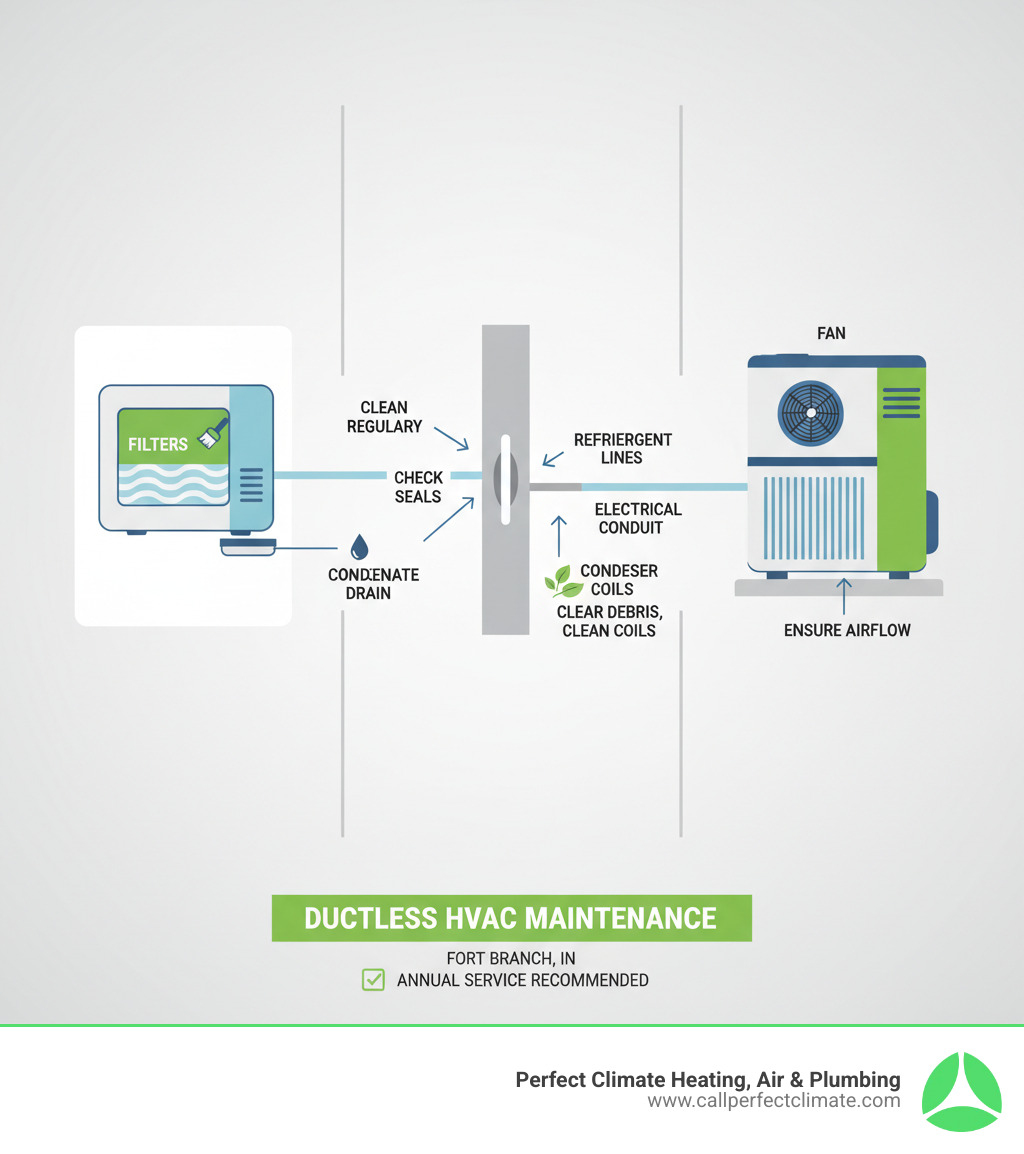 Infographic showing the basic components of a ductless HVAC system including the indoor air handler unit mounted on a wall with filters and coils, the outdoor compressor unit with condenser coils and fan, and the refrigerant lines and electrical conduit connecting them through a small wall opening, with labels indicating proper maintenance points for each component - ductless hvac maintenance service in fort branch in infographic Infographic showing the basic components of a ductless HVAC system including the indoor air handler unit mounted on a wall with filters and coils, the outdoor compressor unit with condenser coils and fan, and the refrigerant lines and electrical conduit connecting them through a small wall opening, with labels indicating proper maintenance points for each component - ductless hvac maintenance service in fort branch in infographic