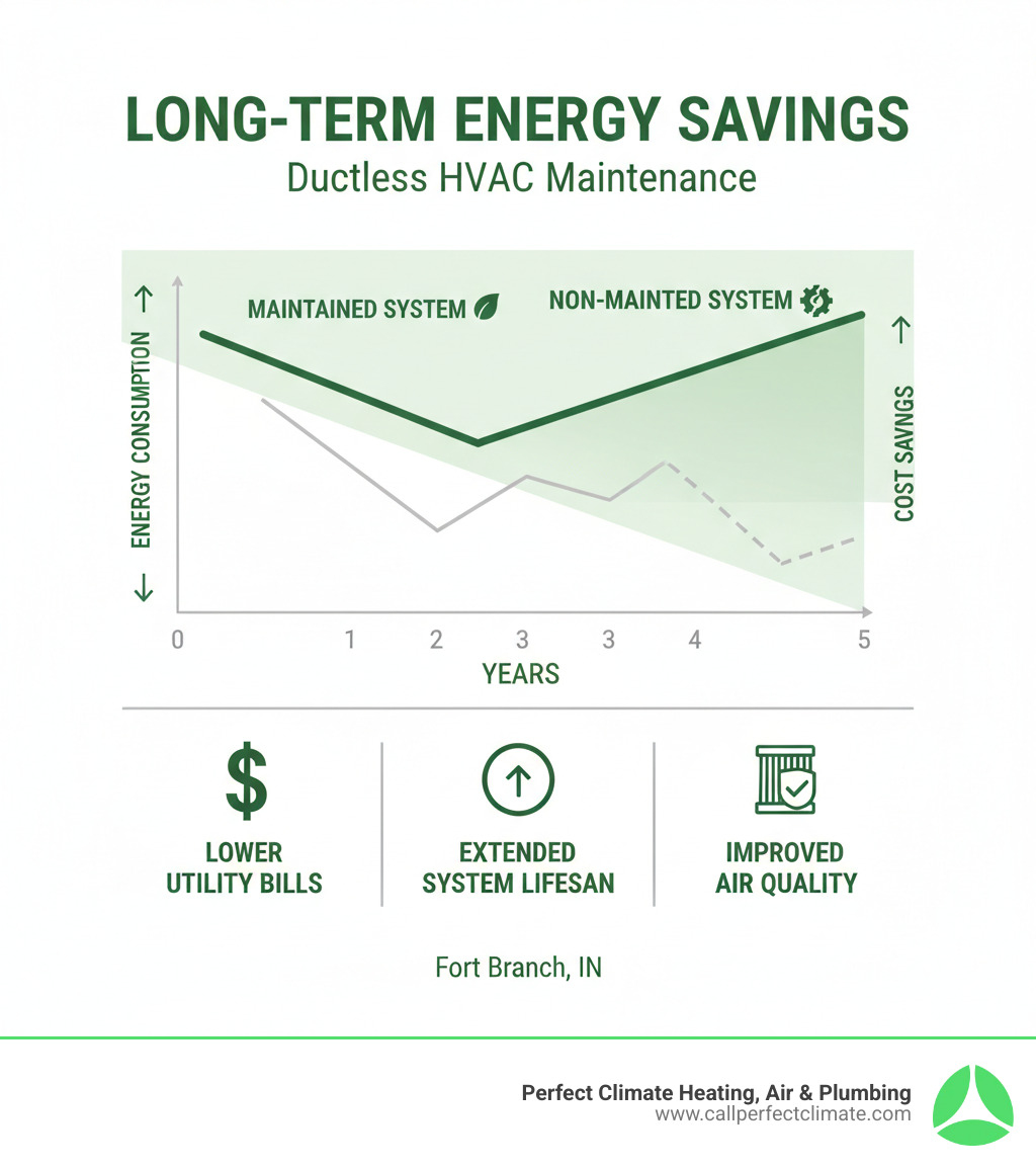 Infographic illustrating the long-term energy savings achieved by performing regular HVAC maintenance, showing a steady decrease in energy consumption and cost over several years for a maintained system compared to a non-maintained system - ductless hvac maintenance service in fort branch in infographic Infographic illustrating the long-term energy savings achieved by performing regular HVAC maintenance, showing a steady decrease in energy consumption and cost over several years for a maintained system compared to a non-maintained system - ductless hvac maintenance service in fort branch in infographic