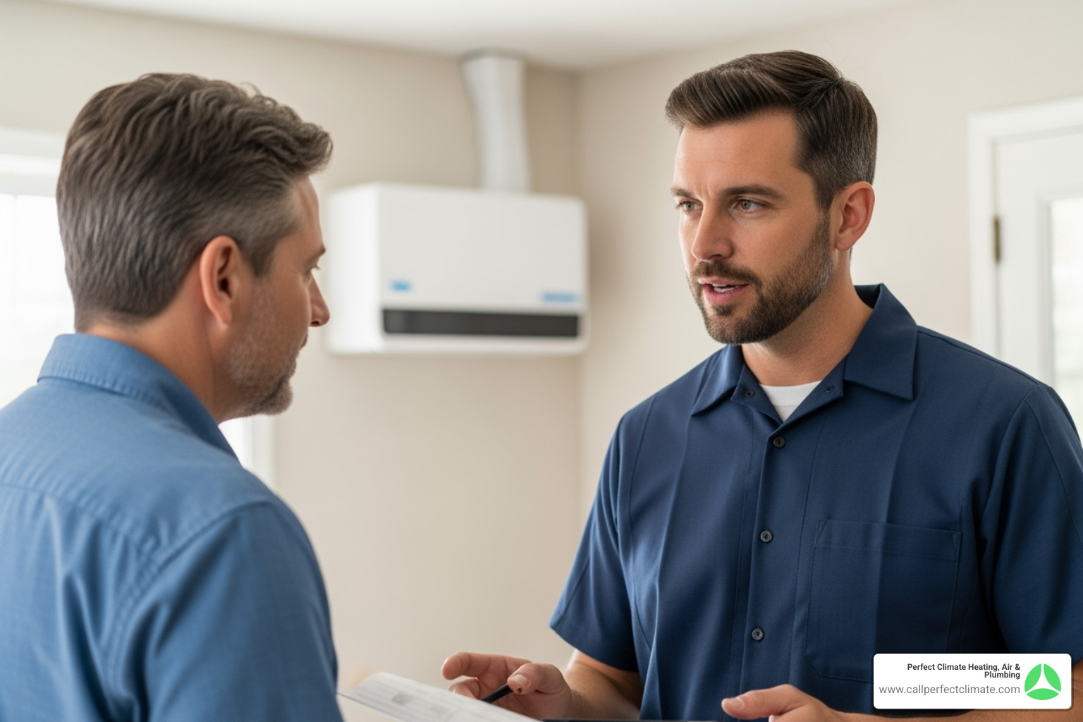 HVAC technician discussing maintenance plan with a homeowner in front of a ductless mini-split unit - ductless hvac maintenance service in fort branch in HVAC technician discussing maintenance plan with a homeowner in front of a ductless mini-split unit - ductless hvac maintenance service in fort branch in