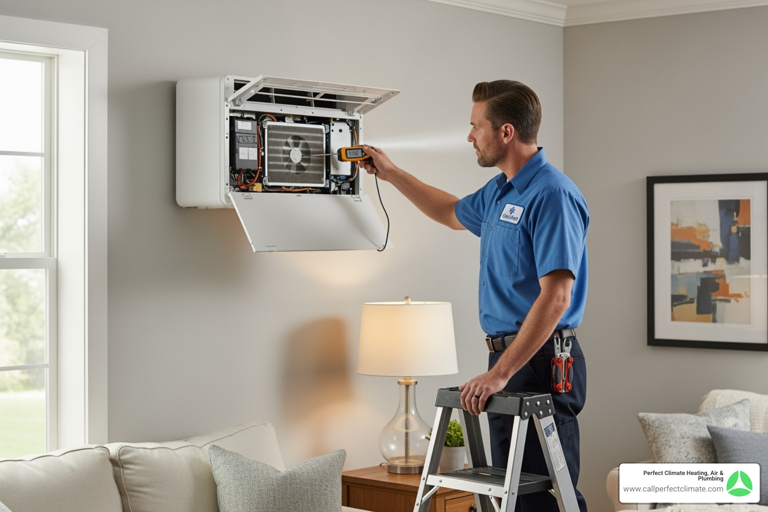 HVAC technician inspecting an indoor ductless mini-split unit - ductless hvac maintenance service in fort branch in HVAC technician inspecting an indoor ductless mini-split unit - ductless hvac maintenance service in fort branch in