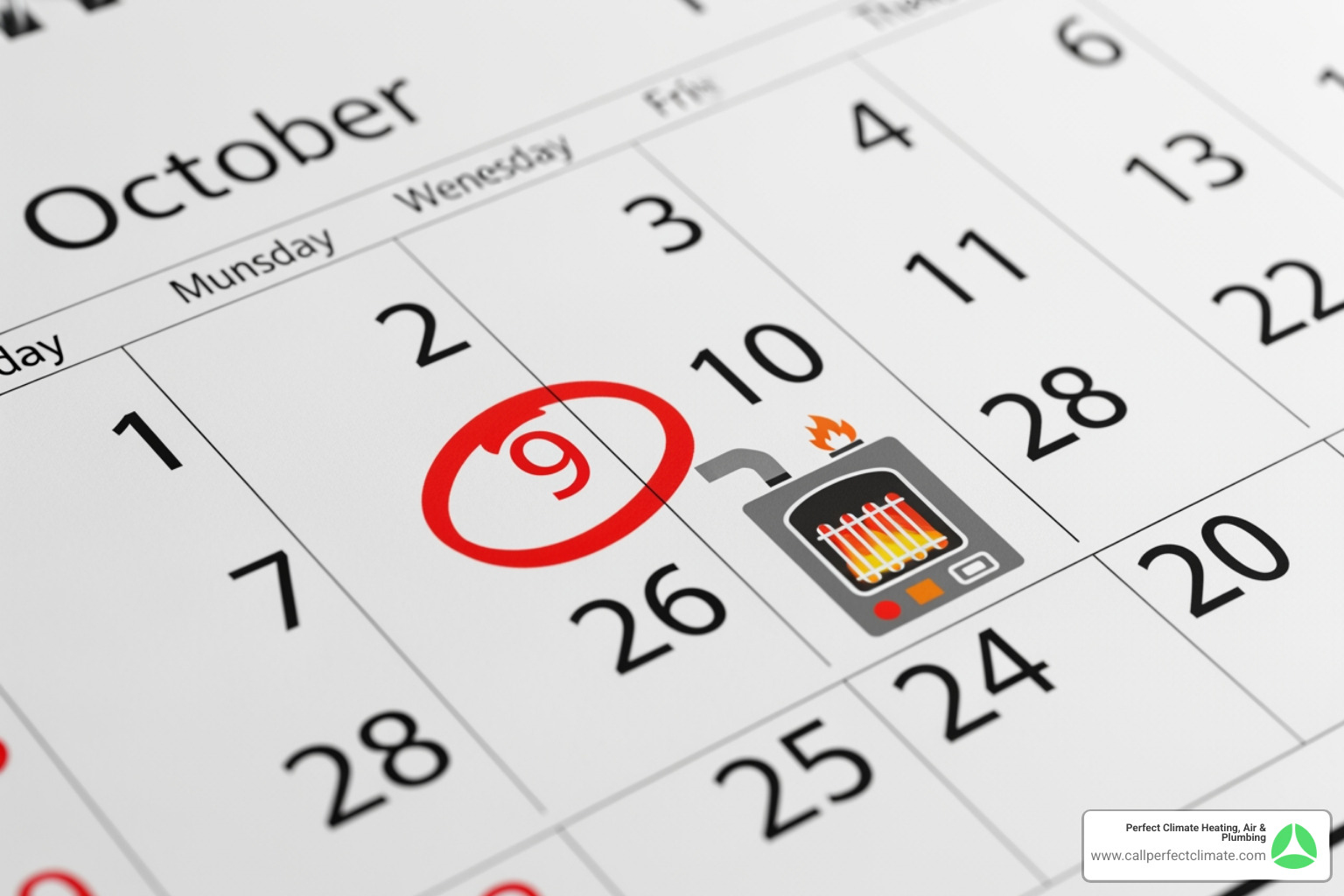 Calendar with a furnace icon circled in autumn - heating maintenance in newburgh in Calendar with a furnace icon circled in autumn - heating maintenance in newburgh in