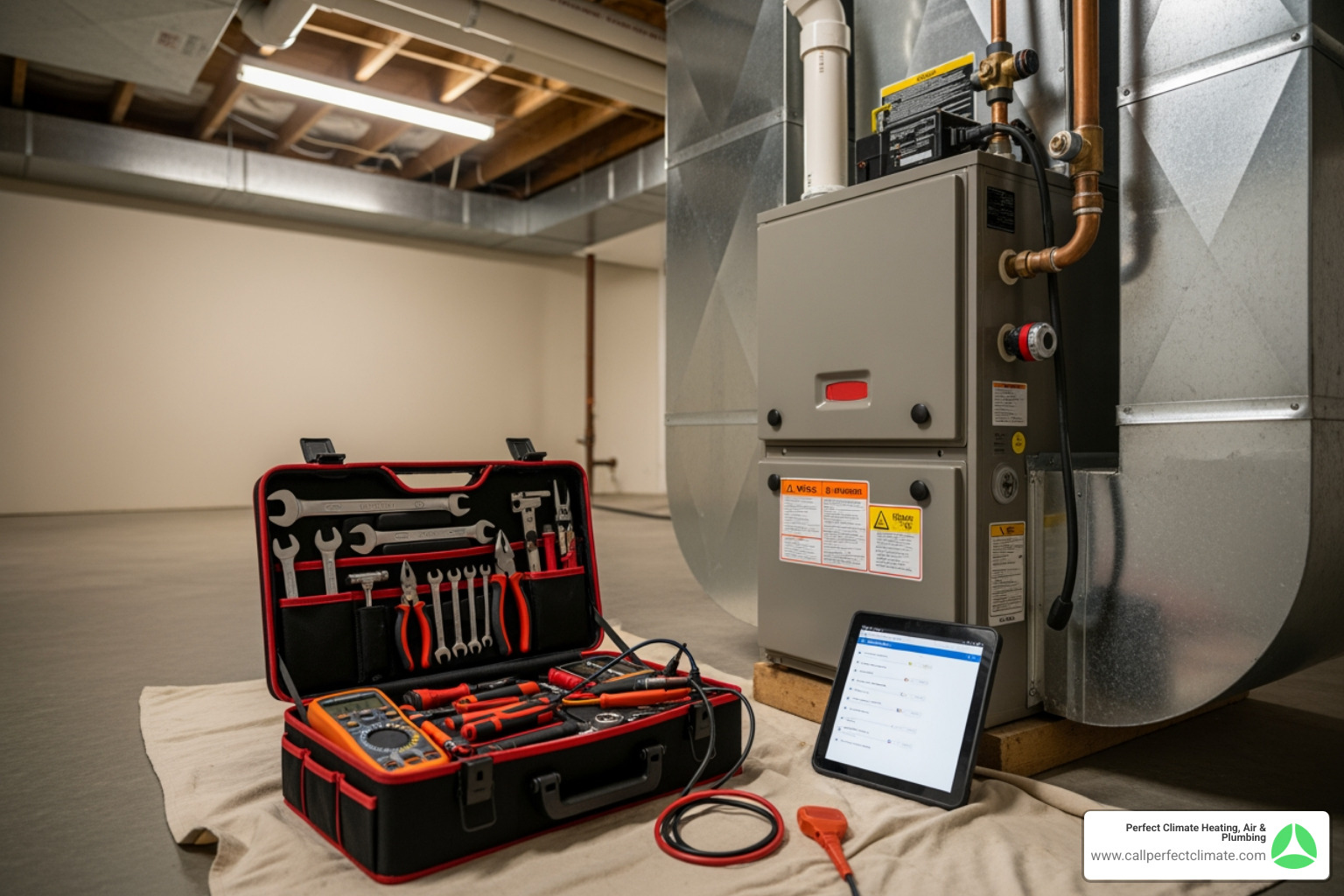 Technician's toolkit next to a furnace - heating maintenance in newburgh in Technician's toolkit next to a furnace - heating maintenance in newburgh in