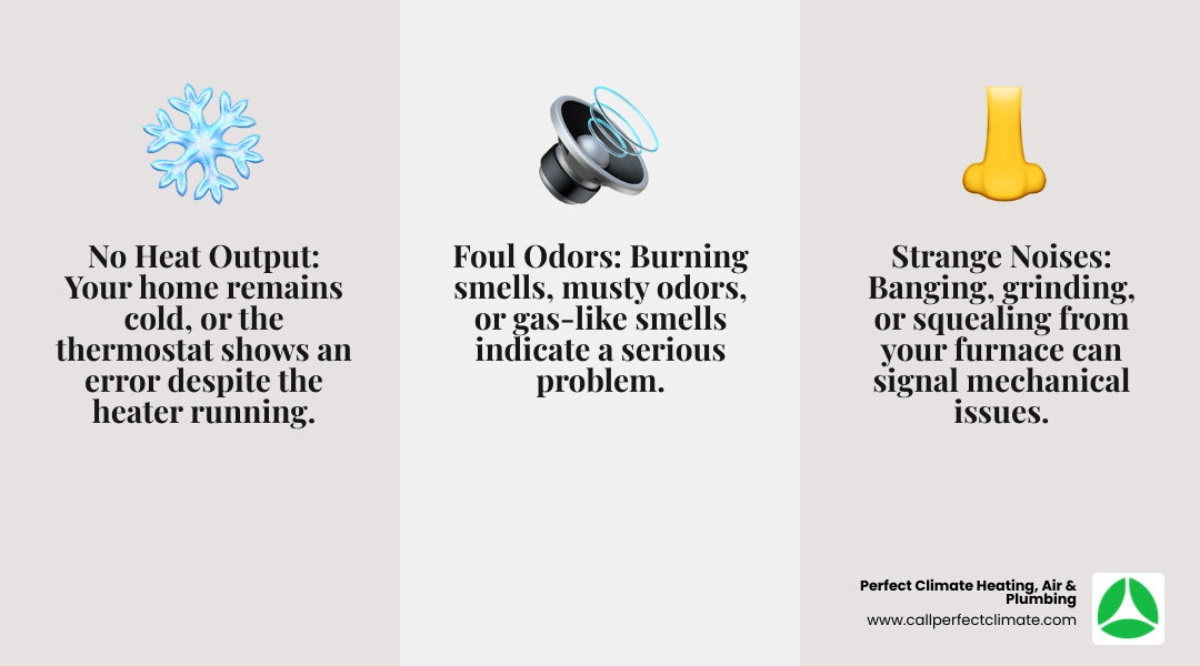 infographic showing three warning signs of heater failure: thermostat displaying no heat output with red X, furnace with sound waves indicating strange noises, and nose icon near heating vent indicating foul odors, with emergency phone number prominently displayed - "My heater is not working and it's getting cold. Who provides 24/7 HVAC emergency service in Haubstadt, IN?" infographic 3_facts_emoji_grey