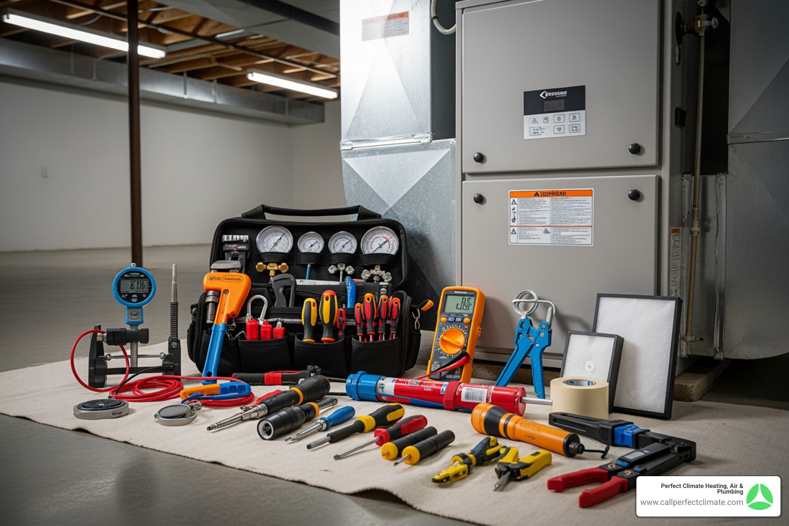 technician's toolkit next to a clean furnace unit - heating maintenance in princeton in technician's toolkit next to a clean furnace unit - heating maintenance in princeton in