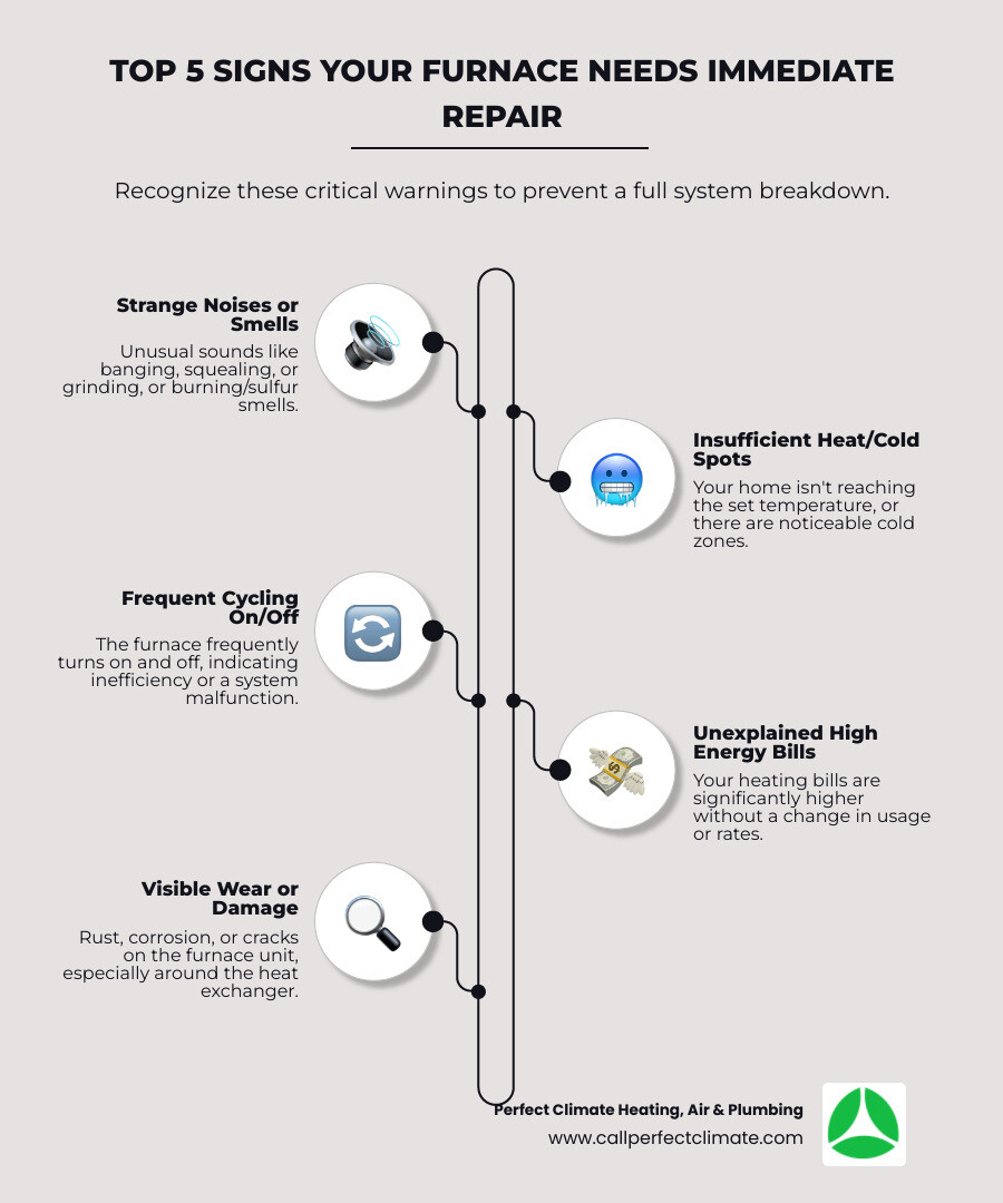 Infographic showing the top 5 signs your furnace needs immediate repair: strange noises or smells from the unit, insufficient heat or cold spots throughout your home, frequent cycling on and off, unexplained spike in energy bills, and visible signs of wear like rust or cracks - "Who offers the best furnace repair in Evansville, IN?" infographic infographic-line-5-steps-elegant_beige