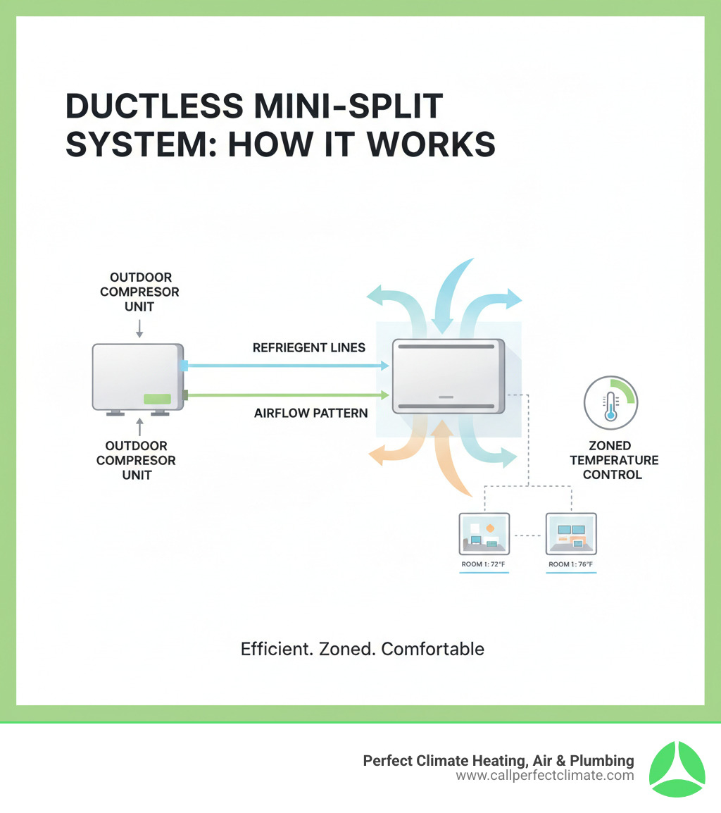 Infographic showing how a ductless mini-split system works, with labeled outdoor compressor unit connected via refrigerant lines to wall-mounted indoor air handler, demonstrating airflow pattern and zoned temperature control - ductless hvac maintenance in poseyville in infographic 