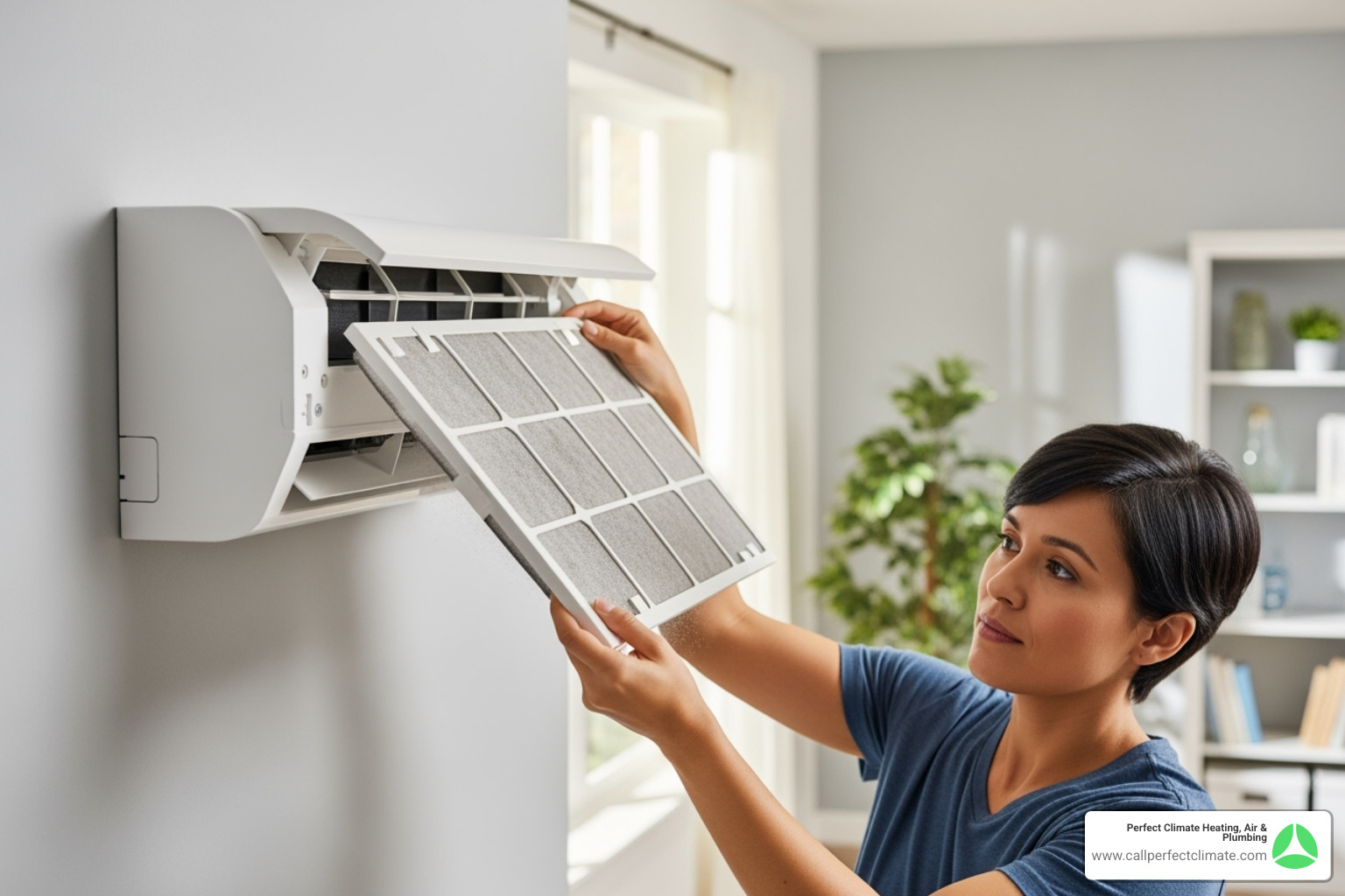 homeowner easily cleaning the filter of an indoor ductless unit - ductless hvac maintenance in poseyville in