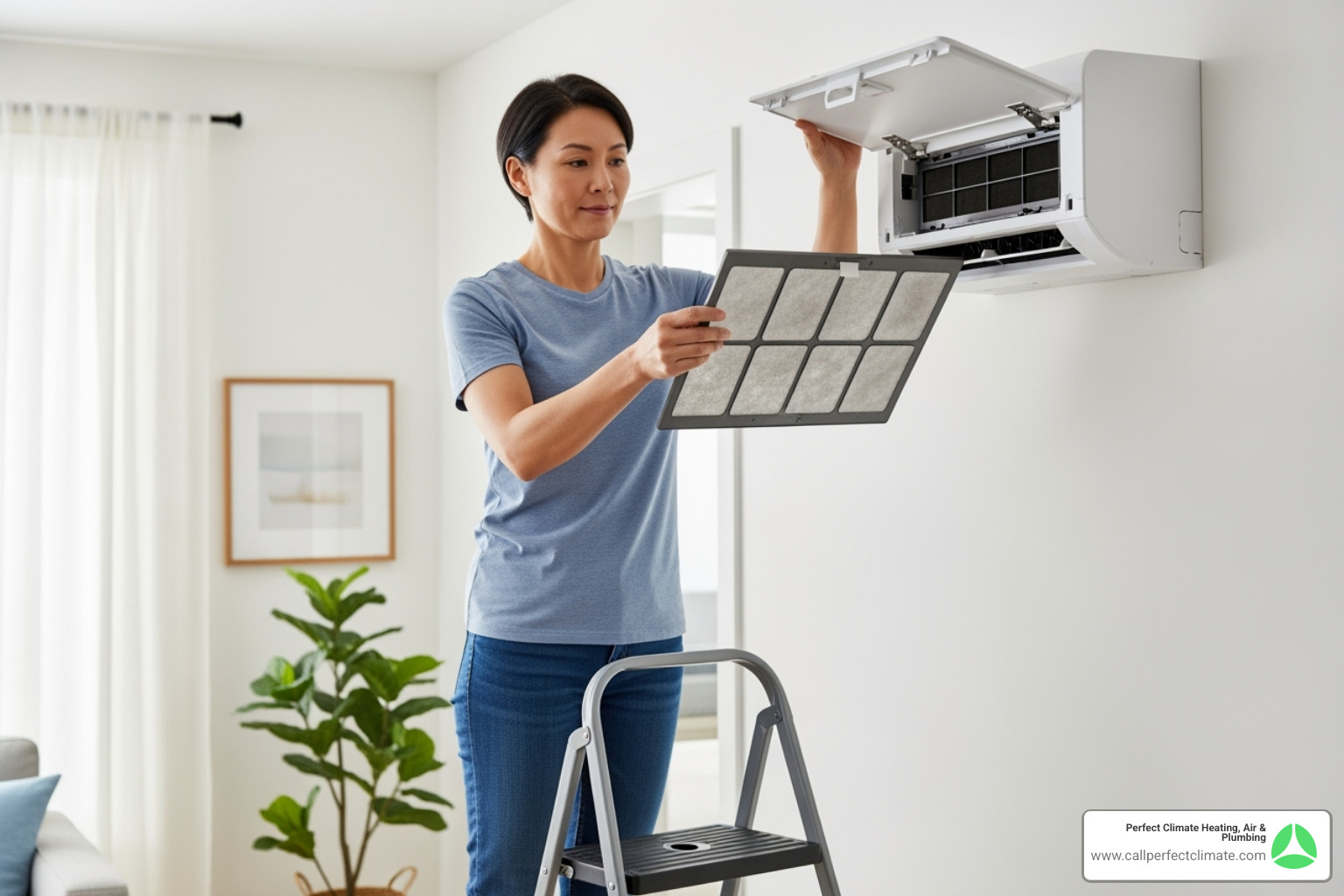 Homeowner easily cleaning ductless system filter - ductless hvac maintenance in haubstadt in Homeowner easily cleaning ductless system filter - ductless hvac maintenance in haubstadt in
